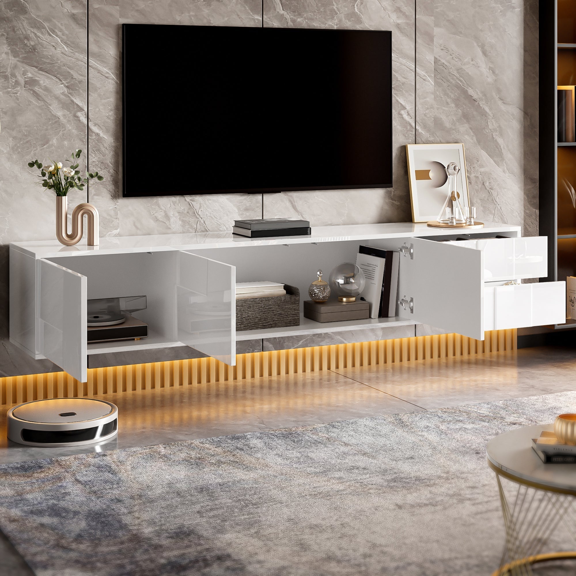Modern TV Stand 170cm, Floating/Freestanding, 3 Doors 2 Drawers, High-Gloss White