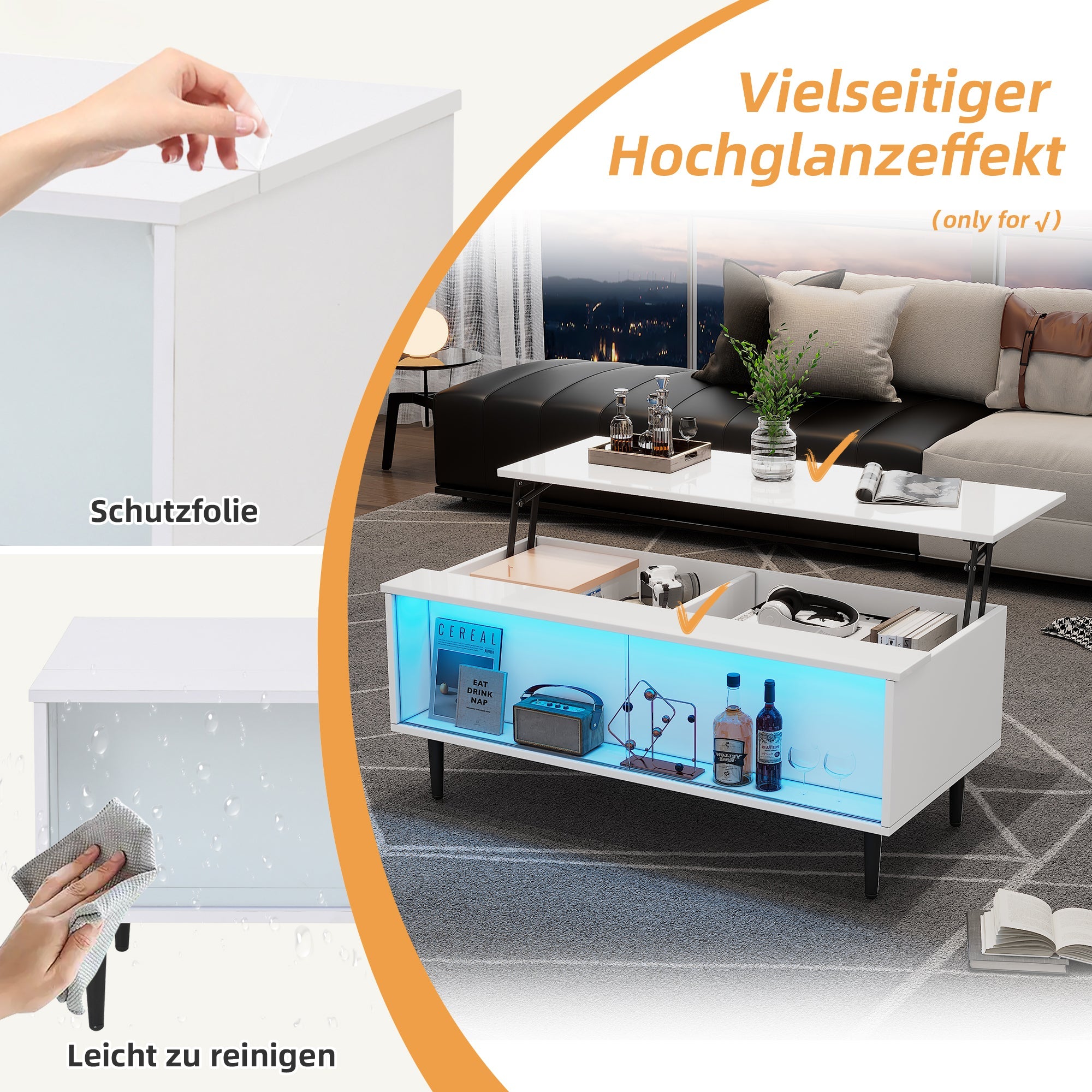 Coffee Table, Height-Adjustable with Hidden Storage & LED Light, White Tempered Glass