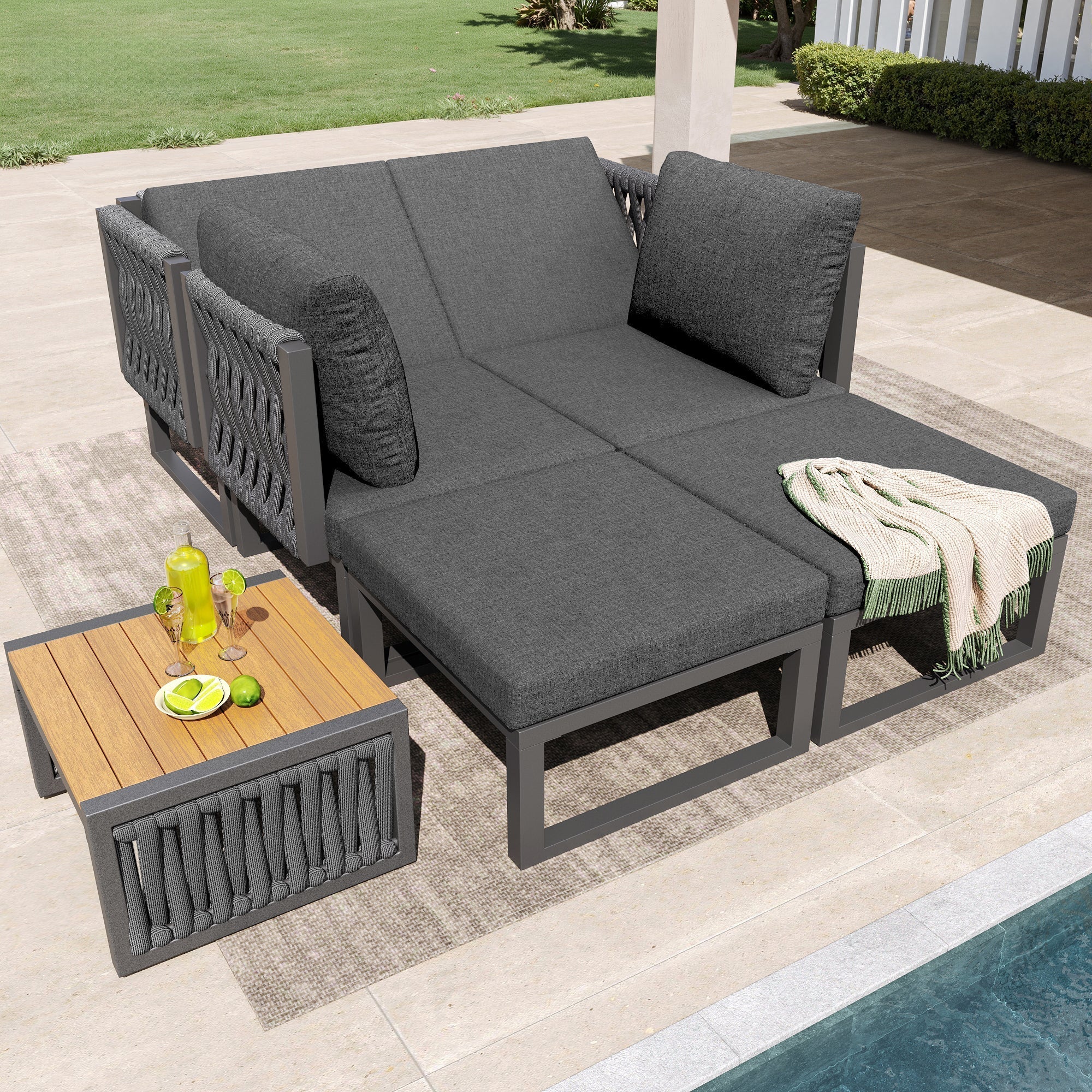 Garden Furniture Set 6-Person Lounge Double Sun Lounger Adjustable Backrest Cushions - Grey