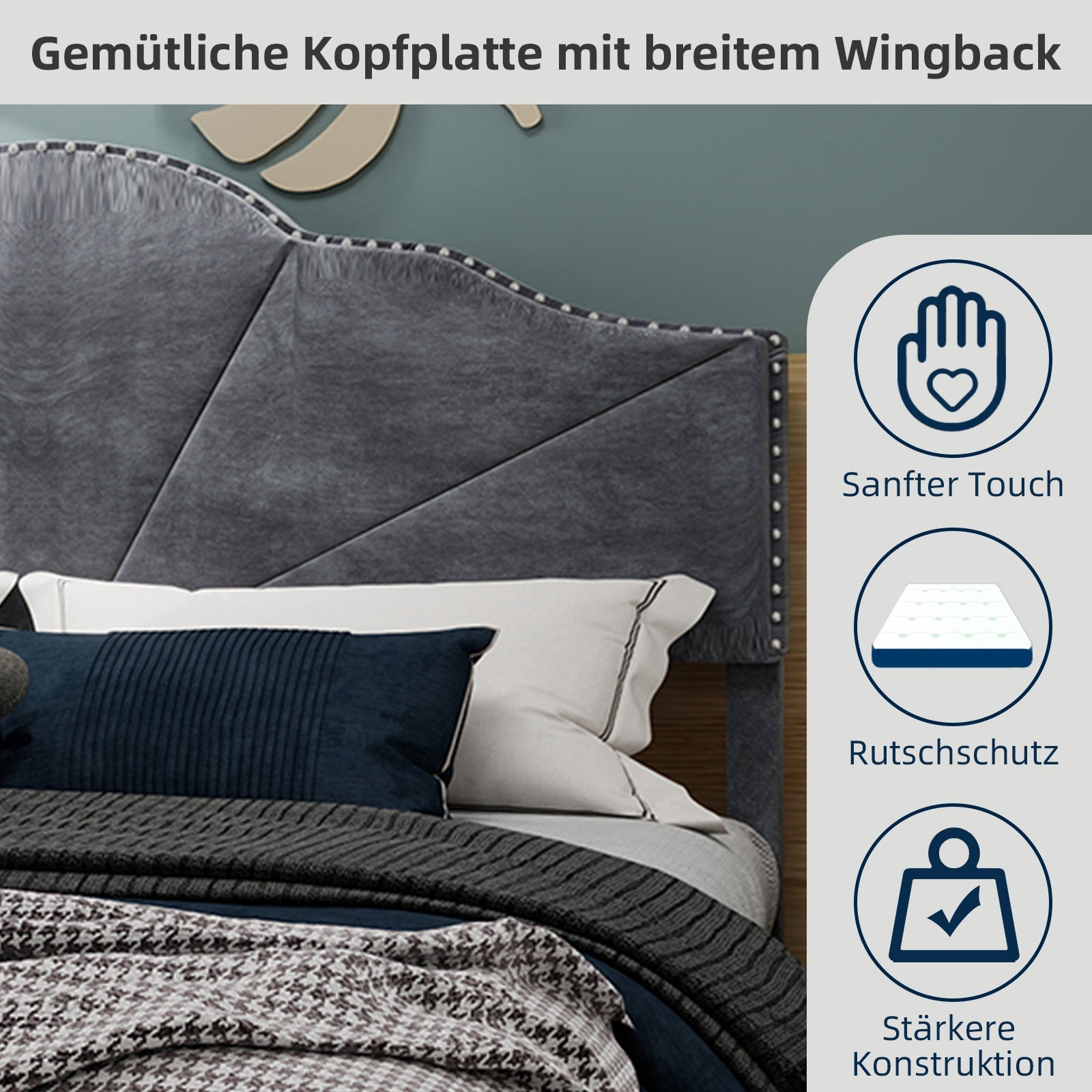 Modern Minimalist Soft Bed, Comfortable Headboard, 160x200cm, Gray