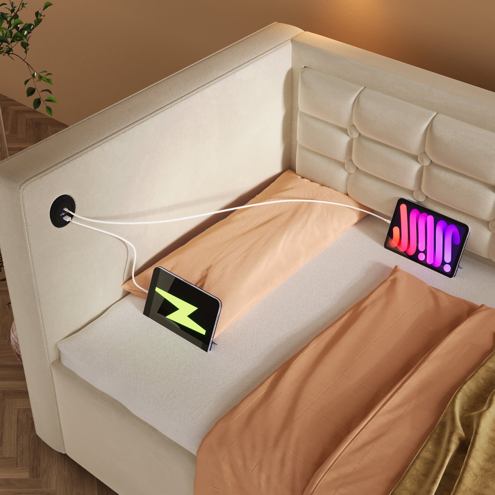 Sofa Bed 90x200cm, Single with Hydraulic Storage & USB/Type-C Charging, Beige Velvet