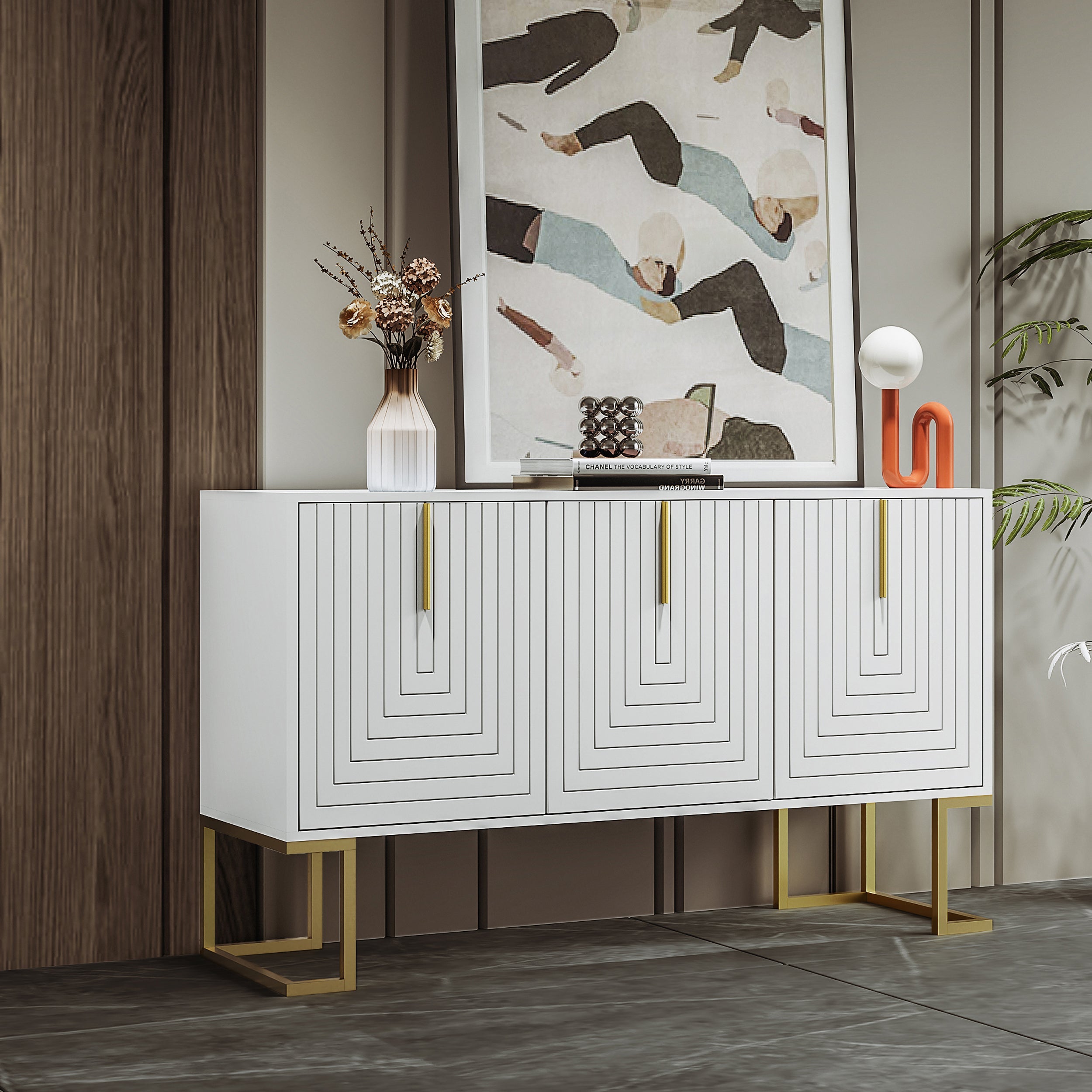 Sideboard, 3-Door with Adjustable Shelves, U-Shaped Cabinet Doors, Metal Handles, White