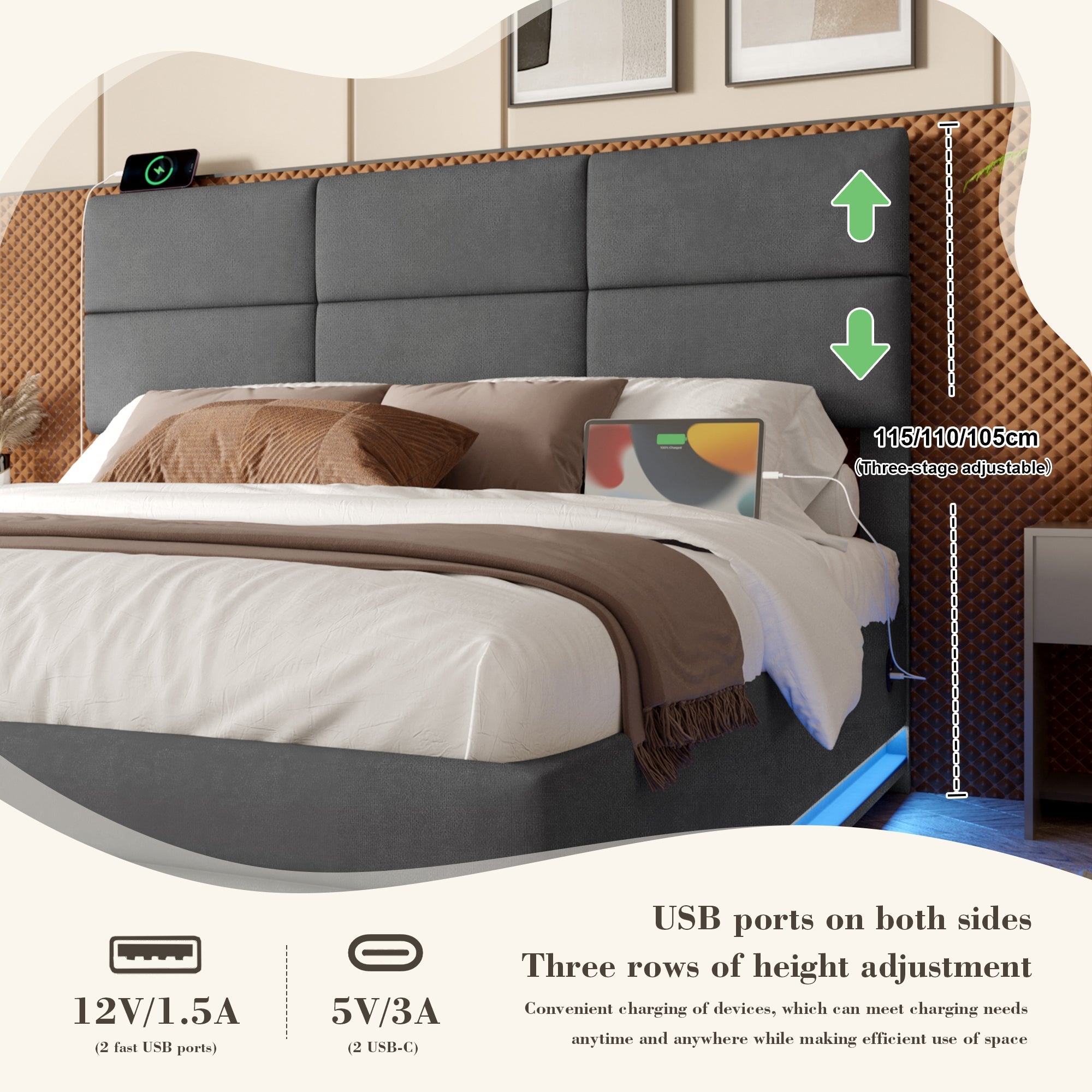 Modern Velvet Upholstered Bed, 150x200 cm, LED, USB Ports, Hydraulic Lift, Gray