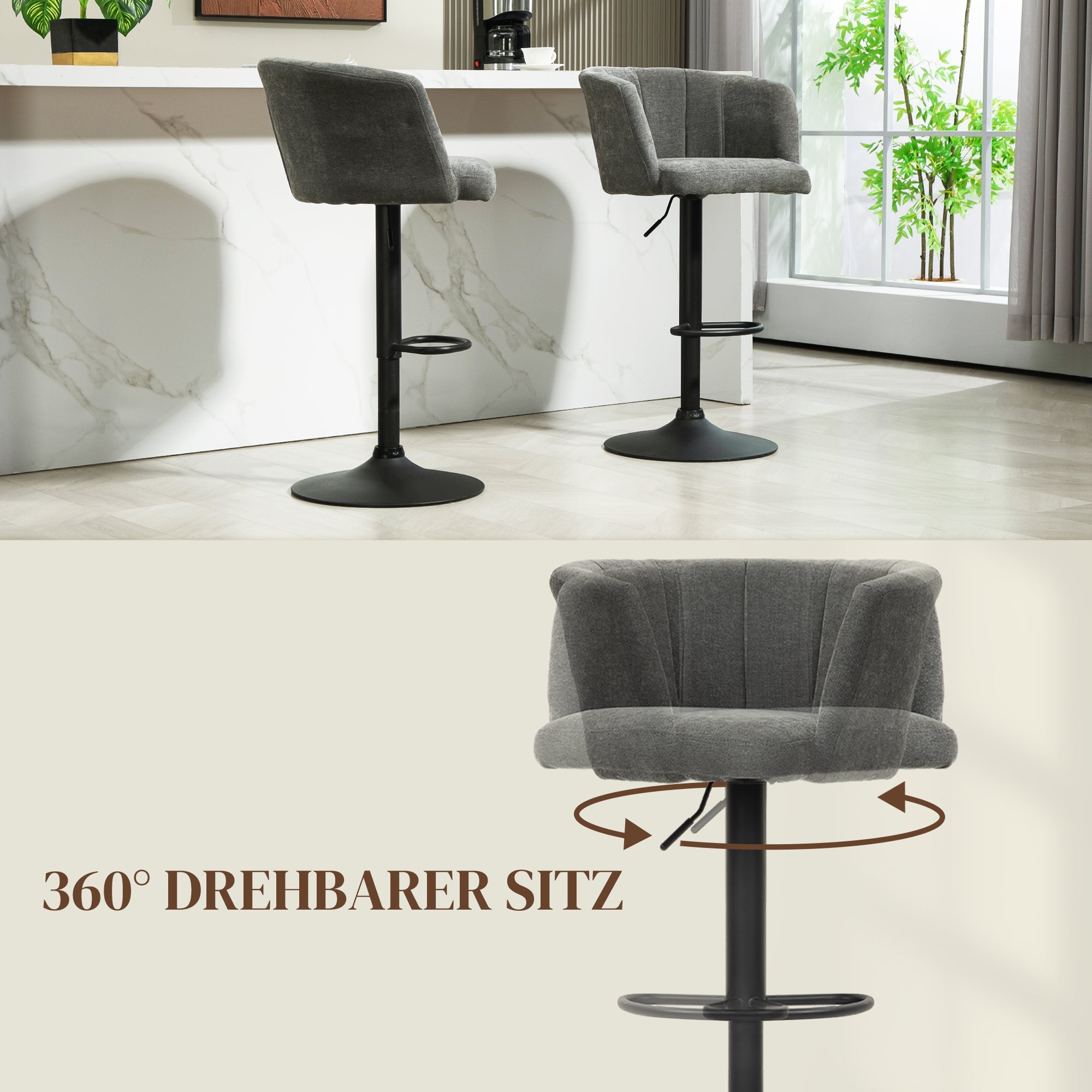 Set of 2 Bar Stools, Swivel Height-Adjustable with Footrest, Linen Dark Grey