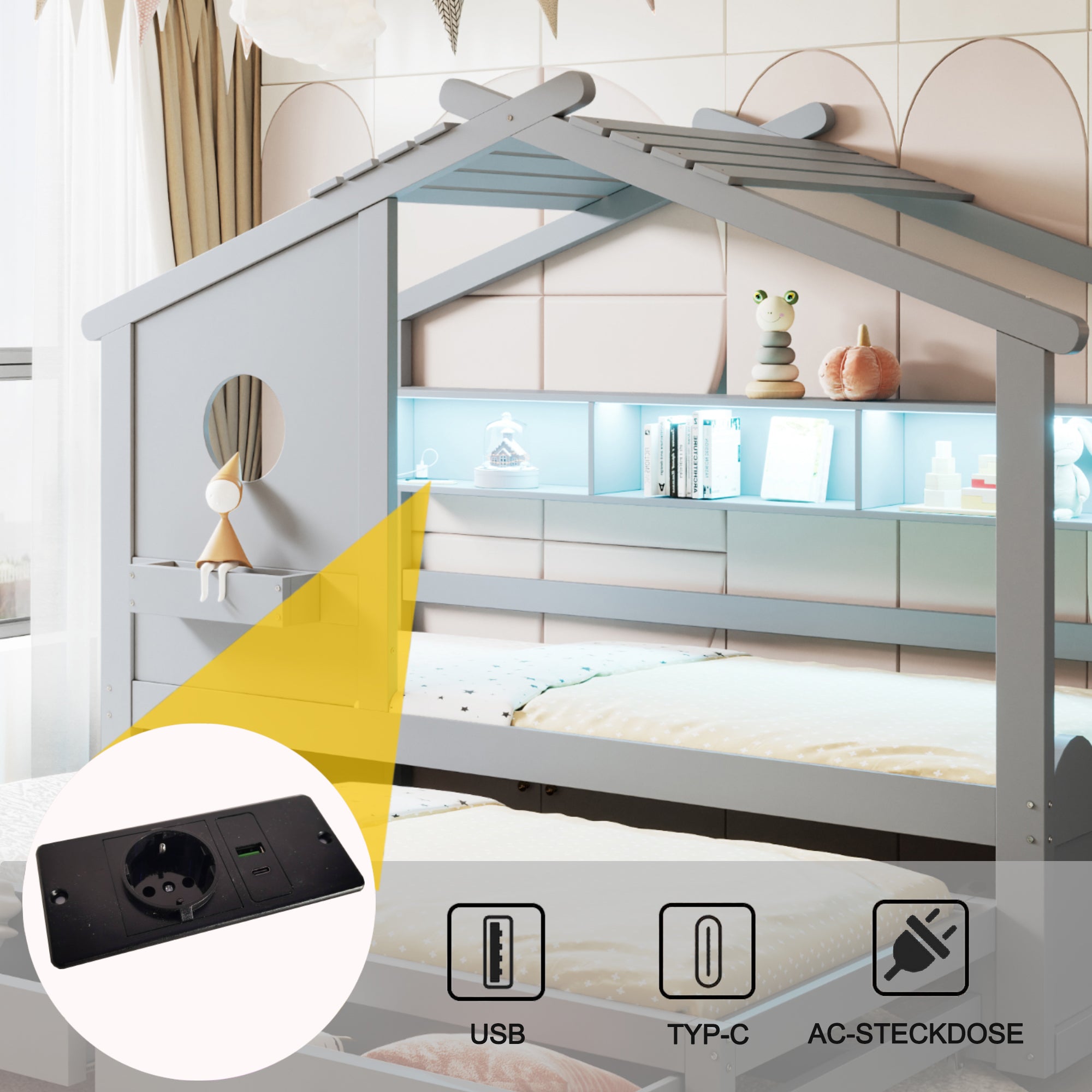 Children's Bed with Pull-out Bed, House Design, Two Drawers, LED and USB, 90x200cm, Grey