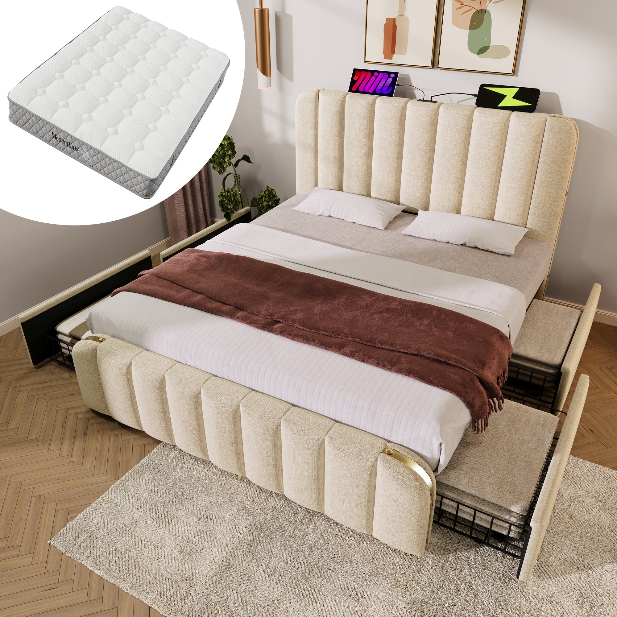 Upholstered Bed 140x200cm Padded Headboard USB Type-C 4 Drawers, Beige Linen
