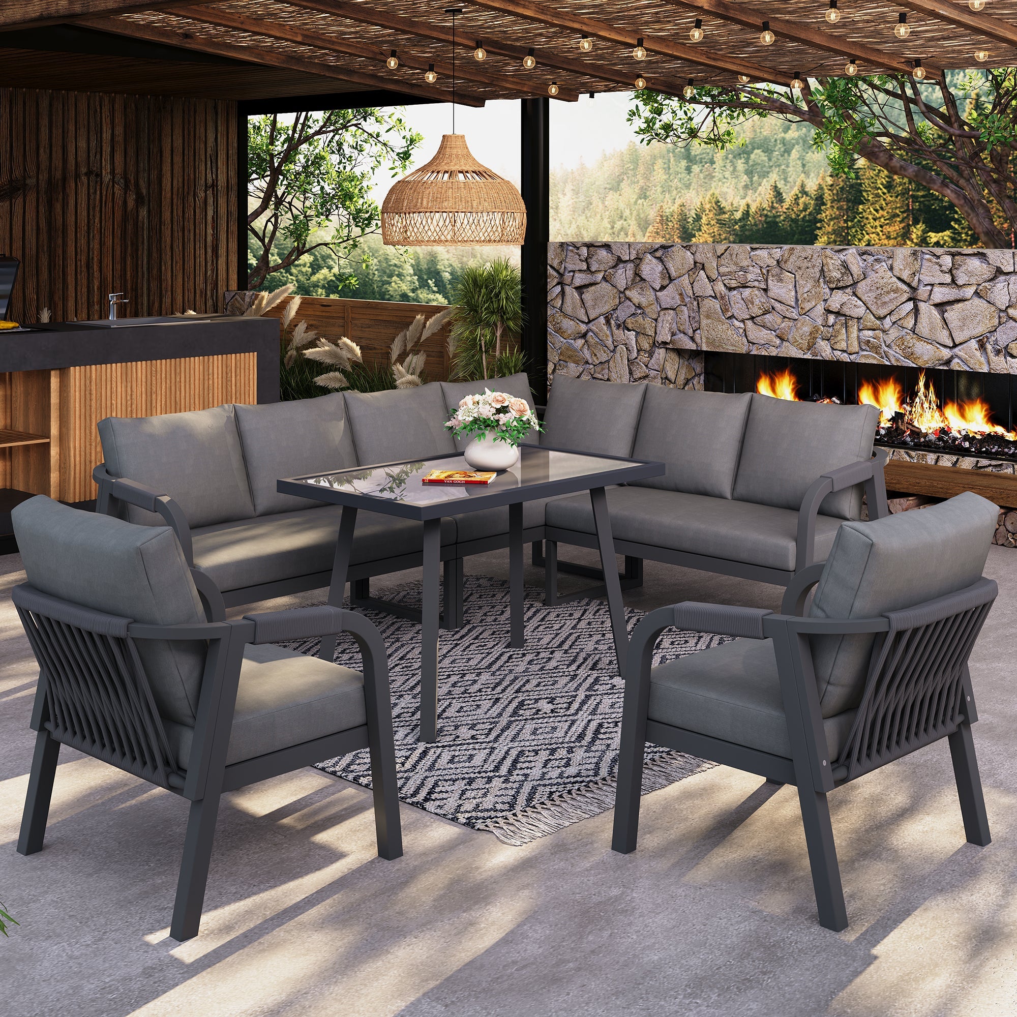 Garden Dining Set with Corner Sofa, Table and Two Armchairs, Seats up to 8, Grey Steel