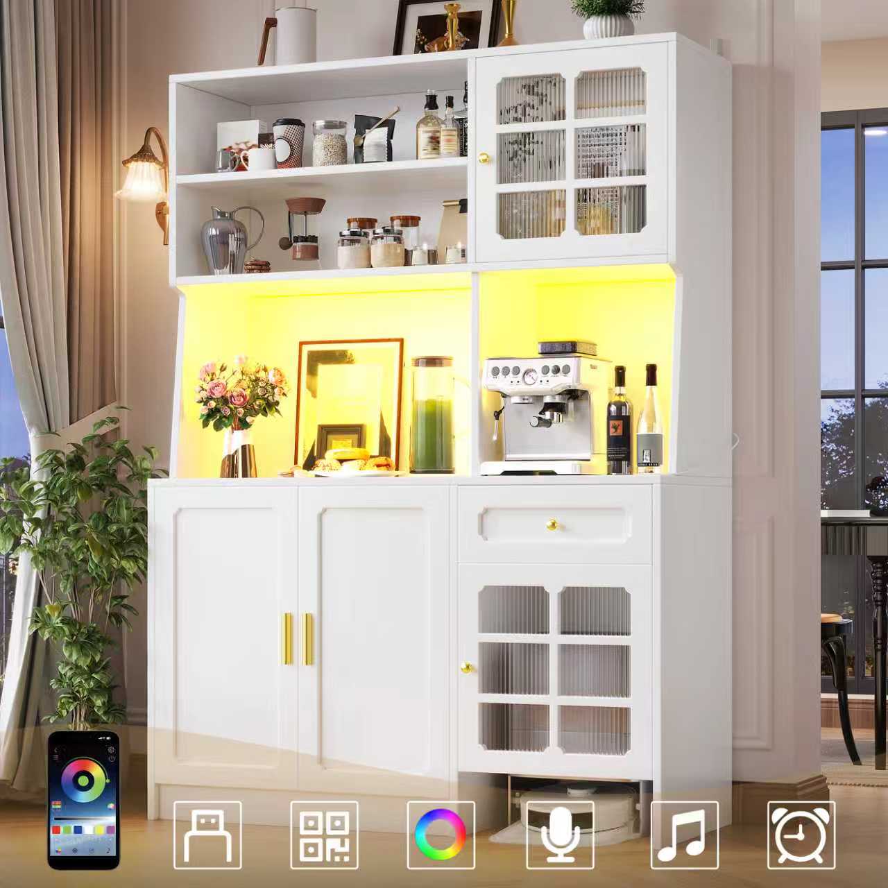 Tall Kitchen Cabinet with Glass Doors and LED Lighting, White