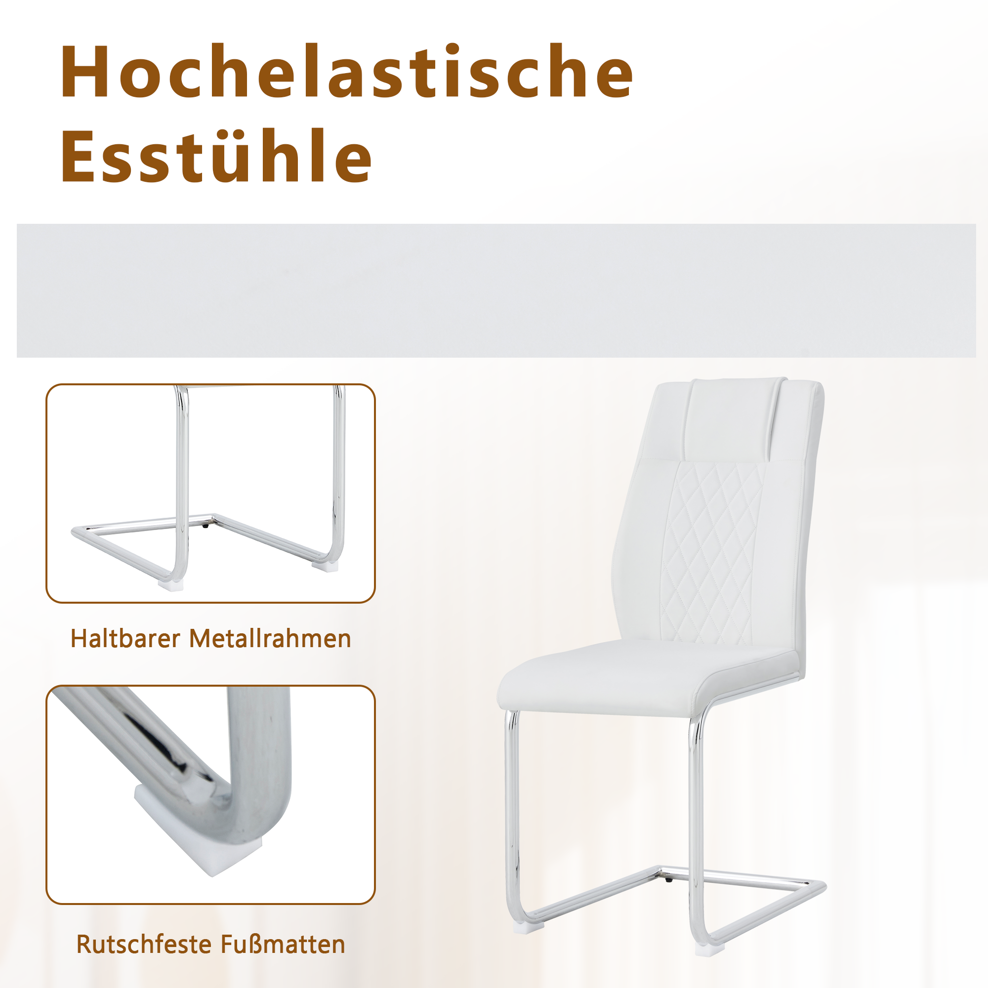Dining Set - Minimalist Glass Table 85cm with 4 Chairs Metal Legs - White PU