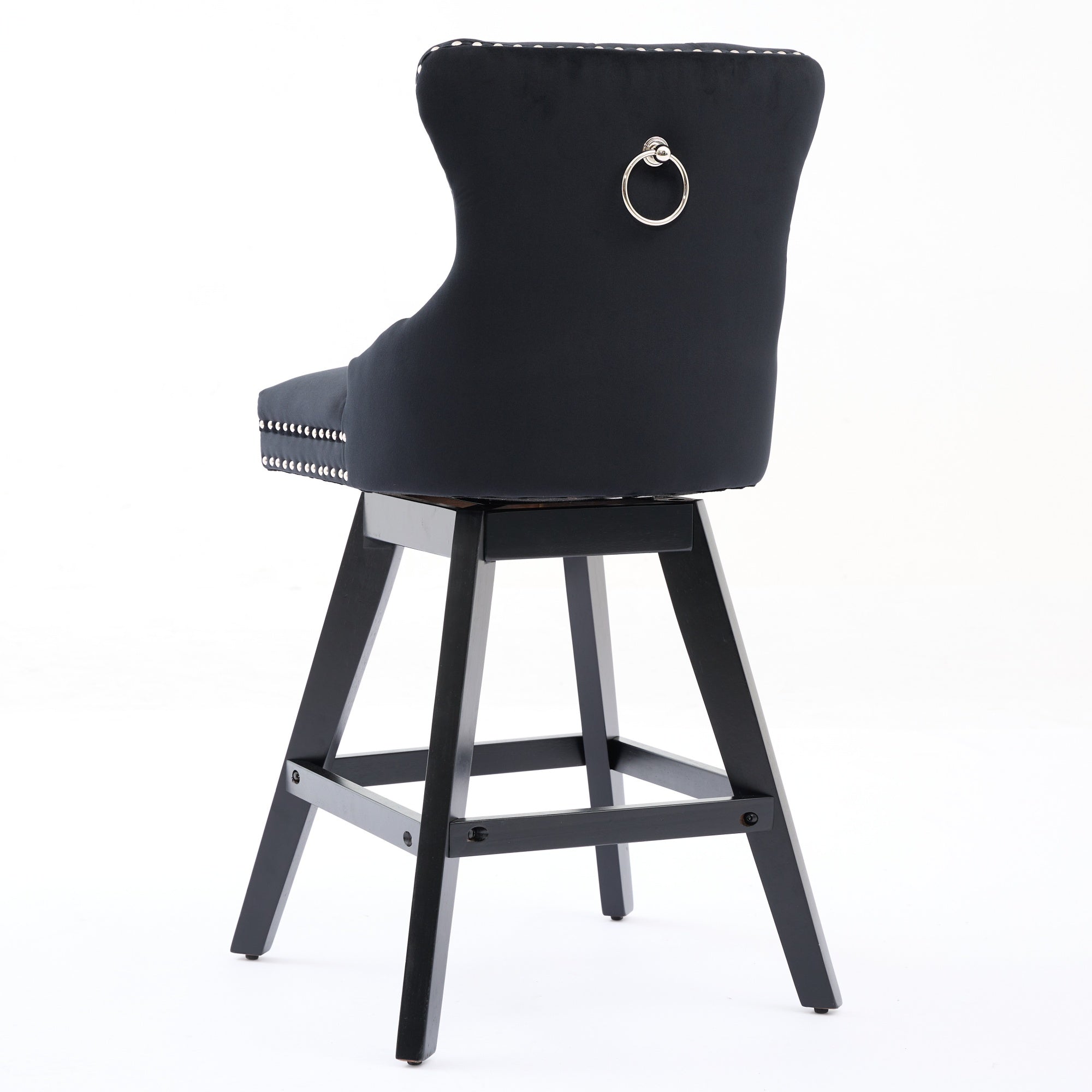 Swivel Velvet Barstools Button Tufted Wooden Legs Set of 2 - Black