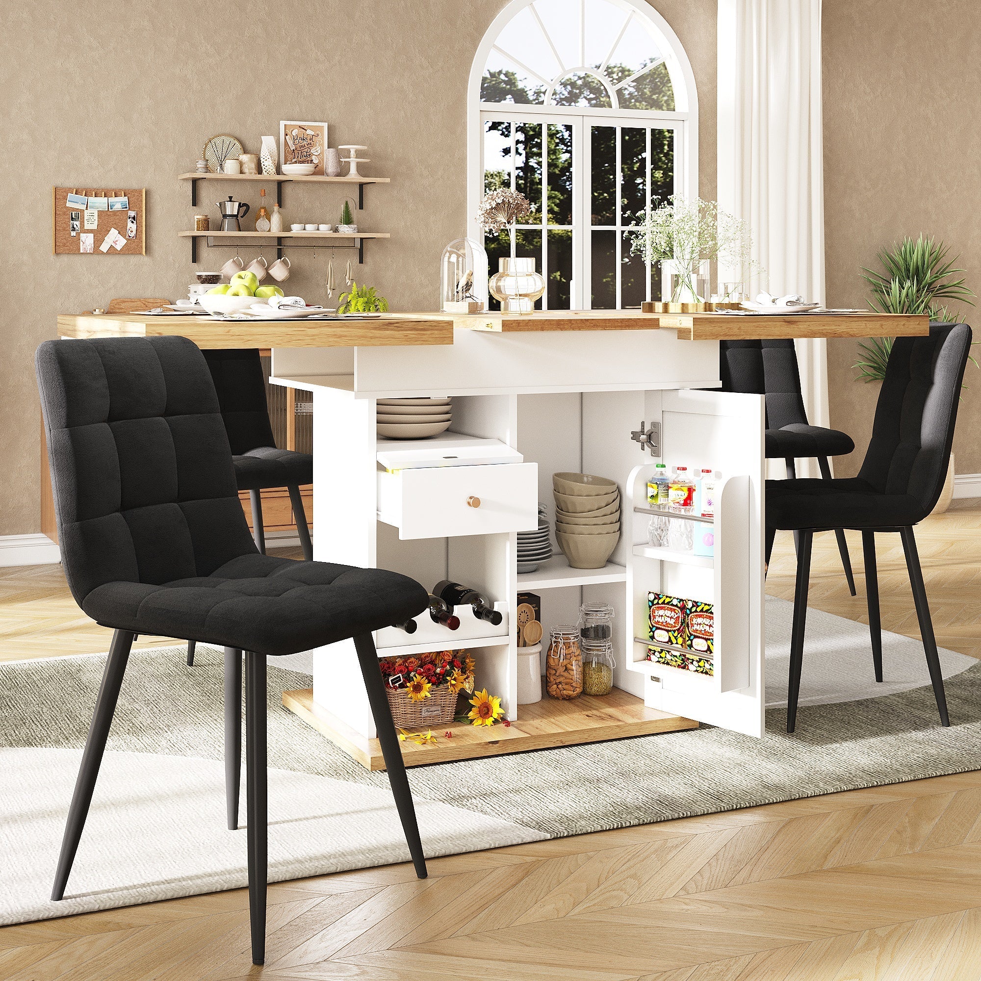 Telescopic Dining Table with Extendable Design and Wine Rack, White