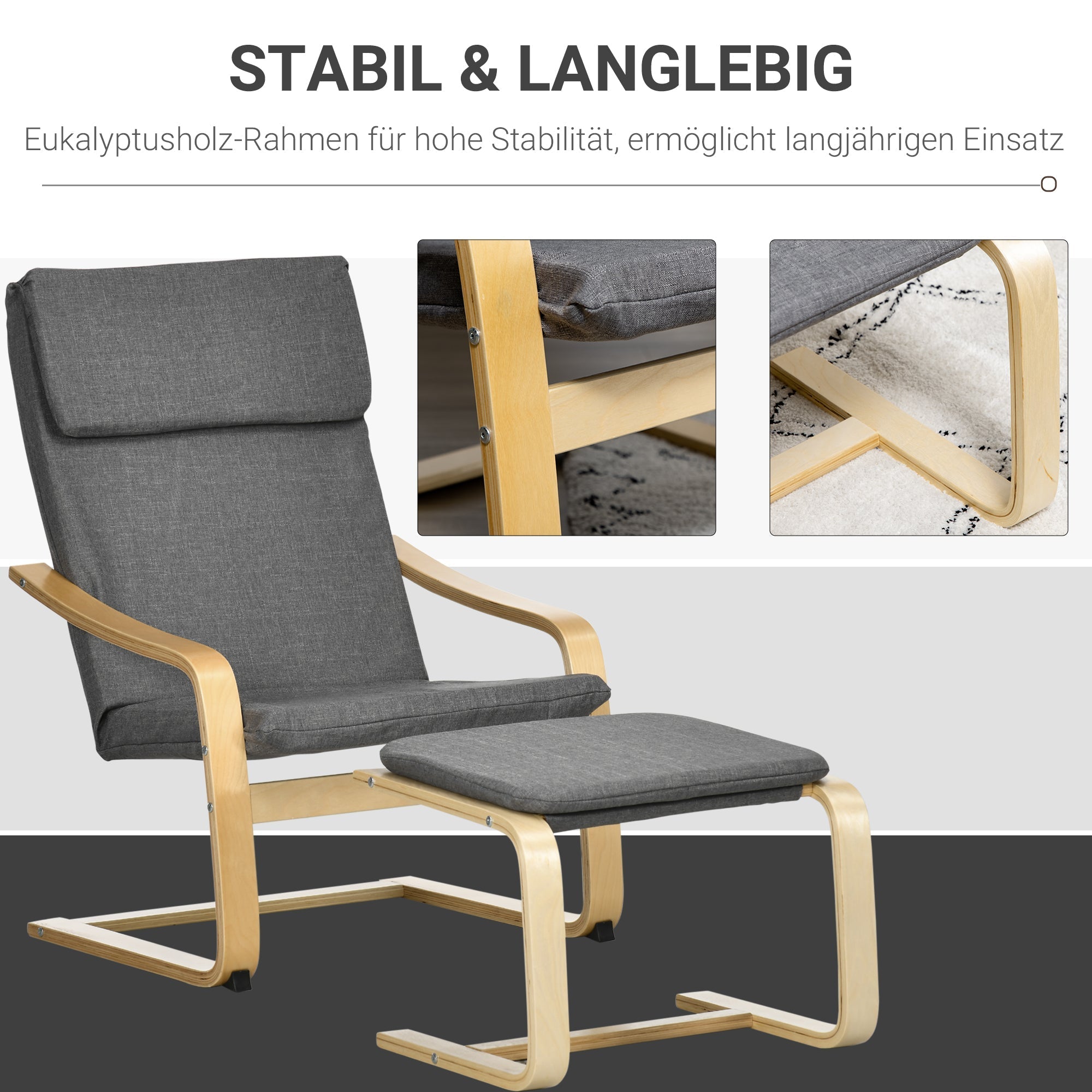 Entspannender Sessel mit Fußhocker, Ohrensessel, Graues Leinen