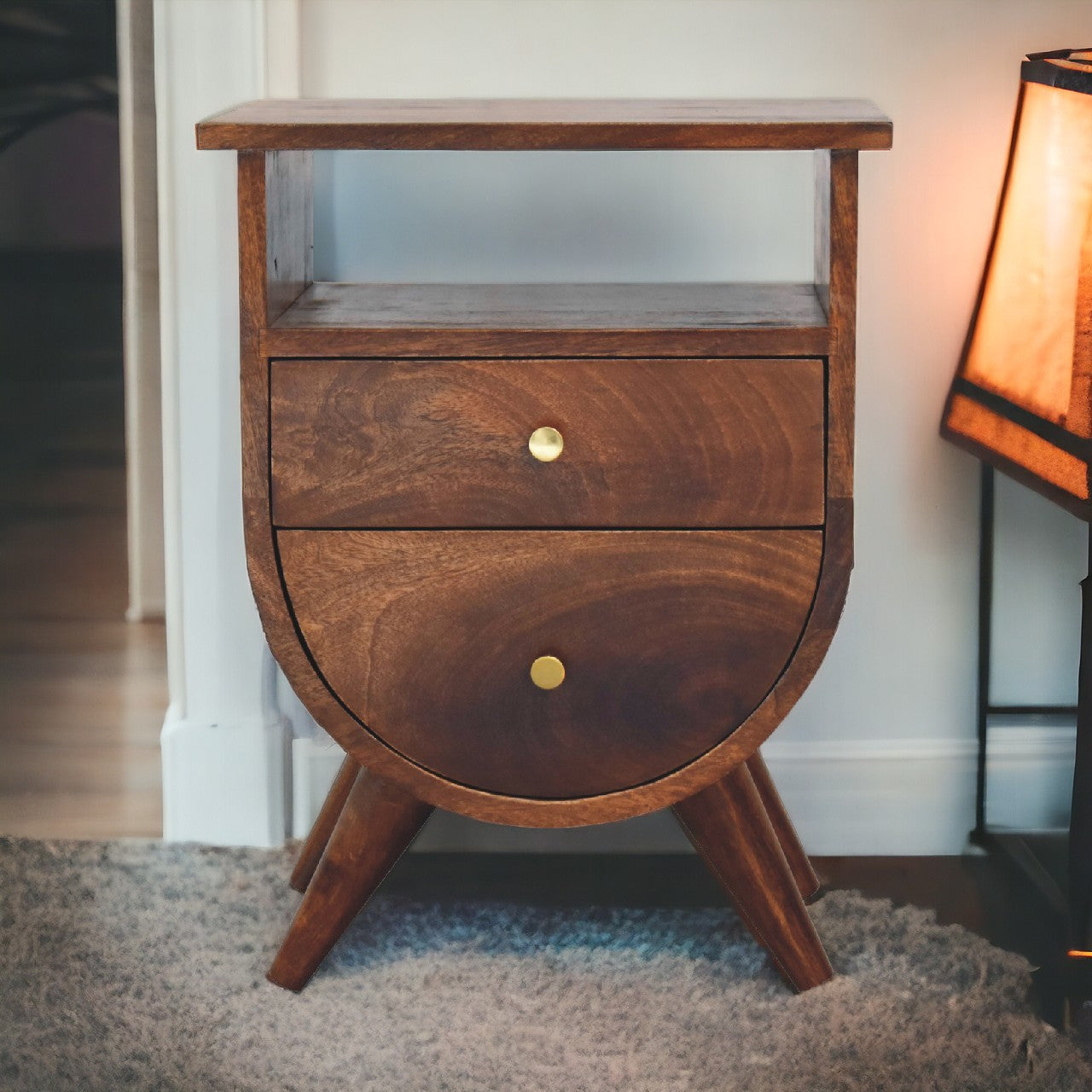 Solid Wood Bedside, 2 Drawers 1 Open Slot, Chestnut Brown