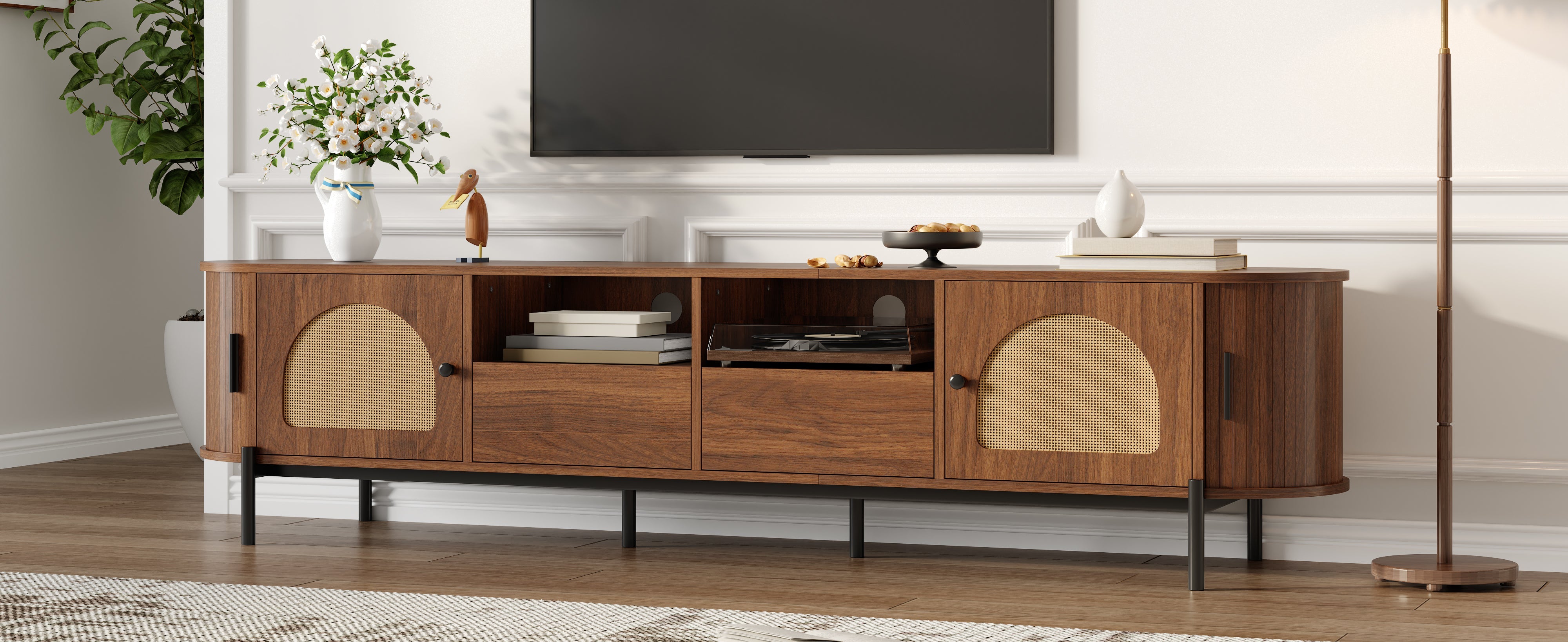 Oval TV Cabinet with Rattan Sliding Doors and Drawers, Wood Look and Metal Legs
