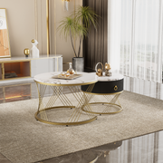Modular Coffee Table Set of 2, Marble Look Drawers Gold Decor