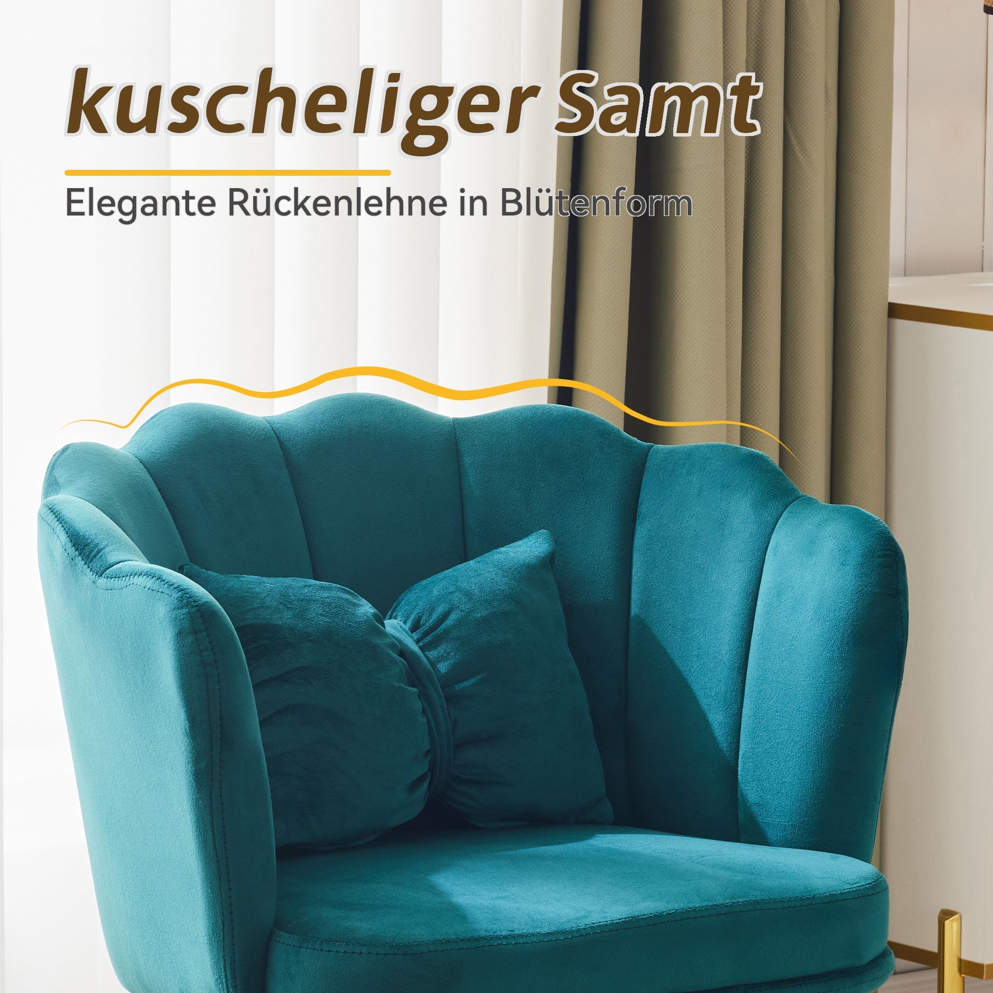 Modern velvet armchair, comfortable upholstered with petal back, gold-plated metal legs and butterfly cushion