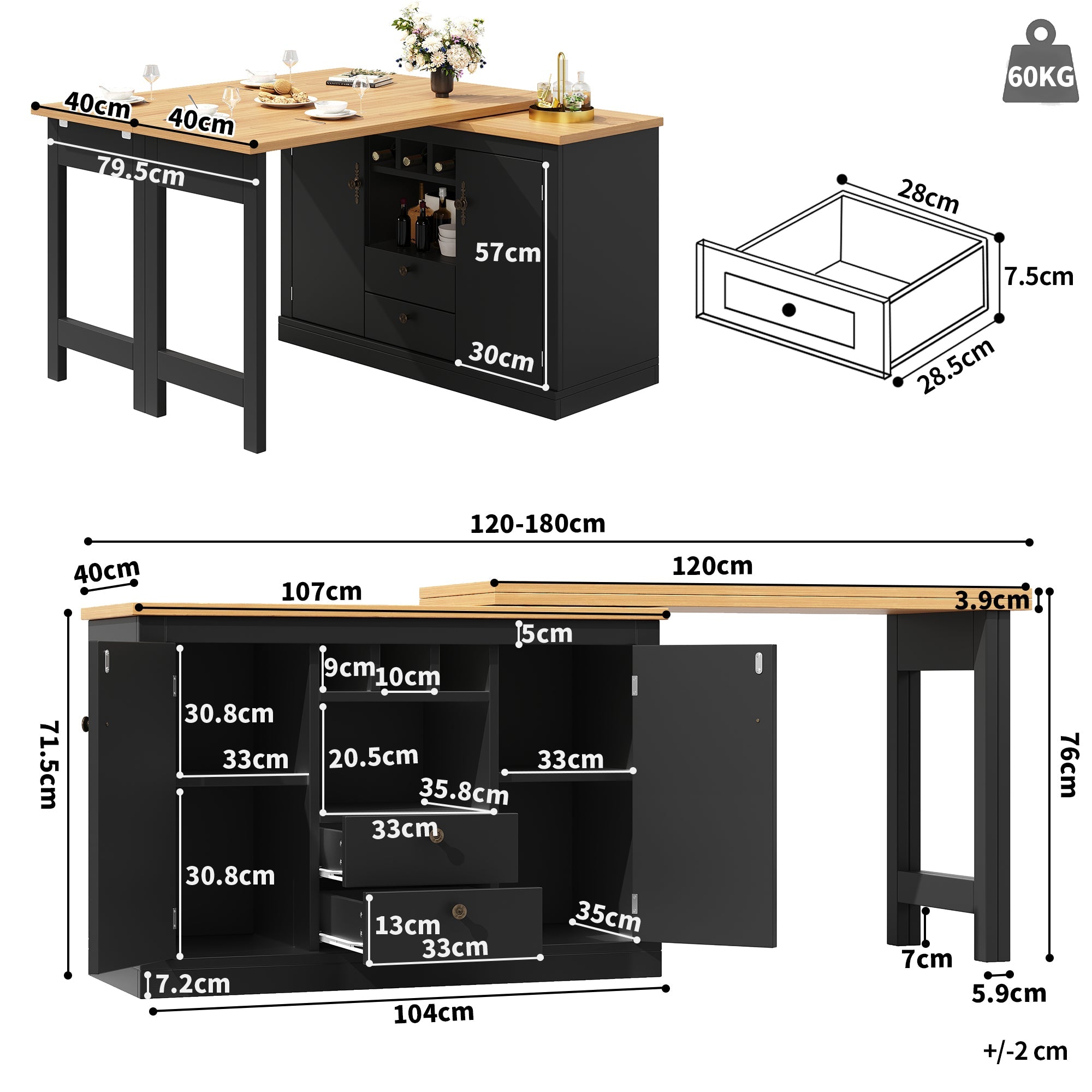 Extendable Bar Table with 360 Swivel Function and Storage Space, 120-180cm, Black