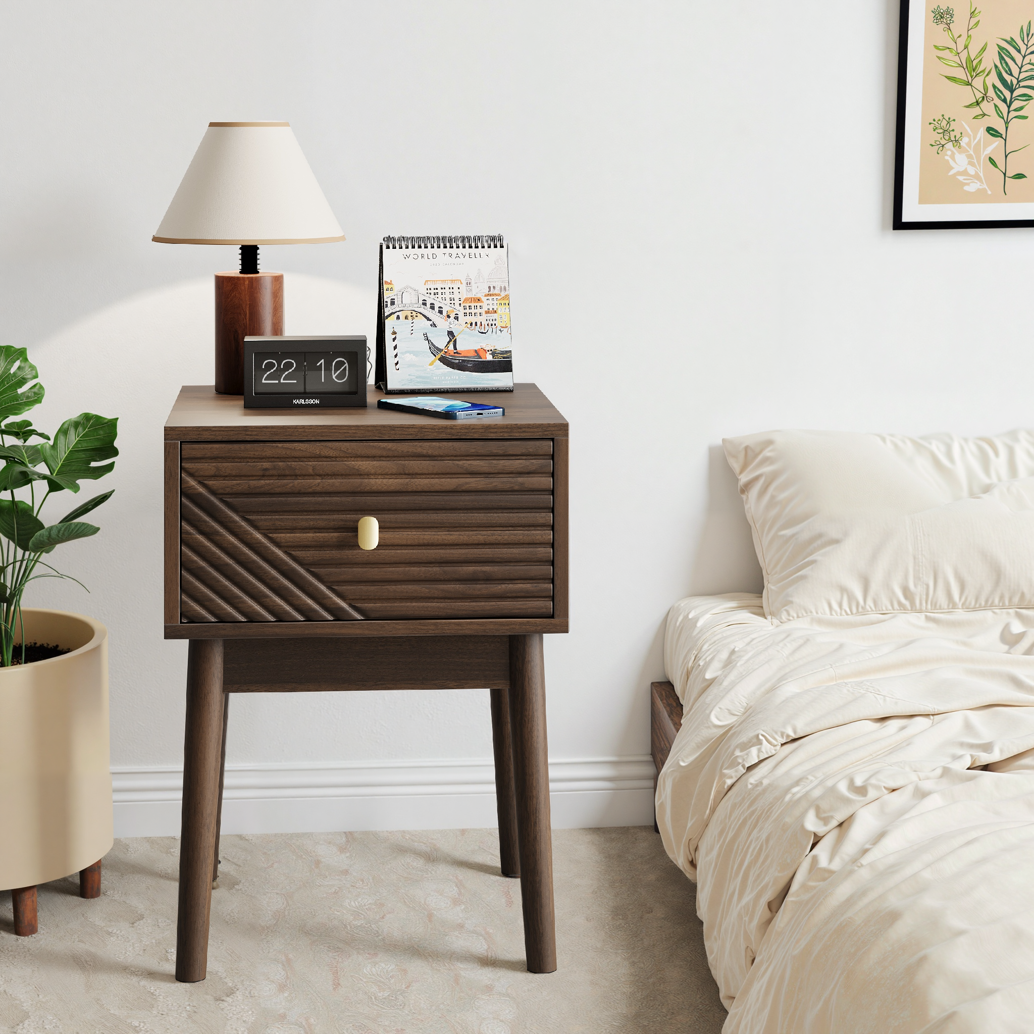 Mid-Century Modern Nightstand 2-Piece Set with Metal Handles - Walnut