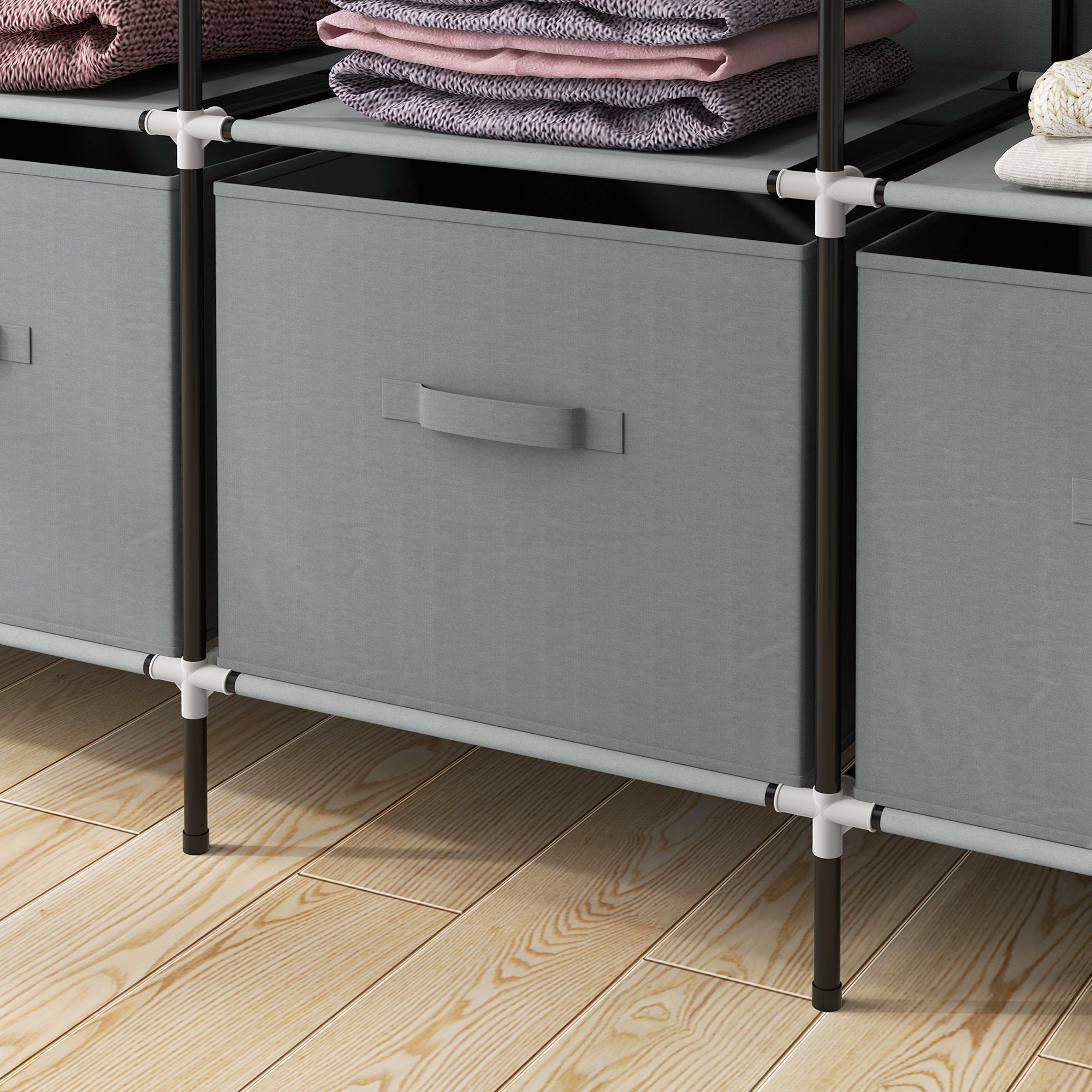 Stoffkleiderschrank, Kleiderstange 10 Fächer 4 Schubladen, Dunkelgrau
