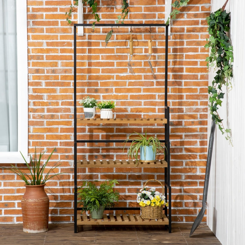 Plant Stand with 3 Tiers and Mounting Hooks, Natural Wood