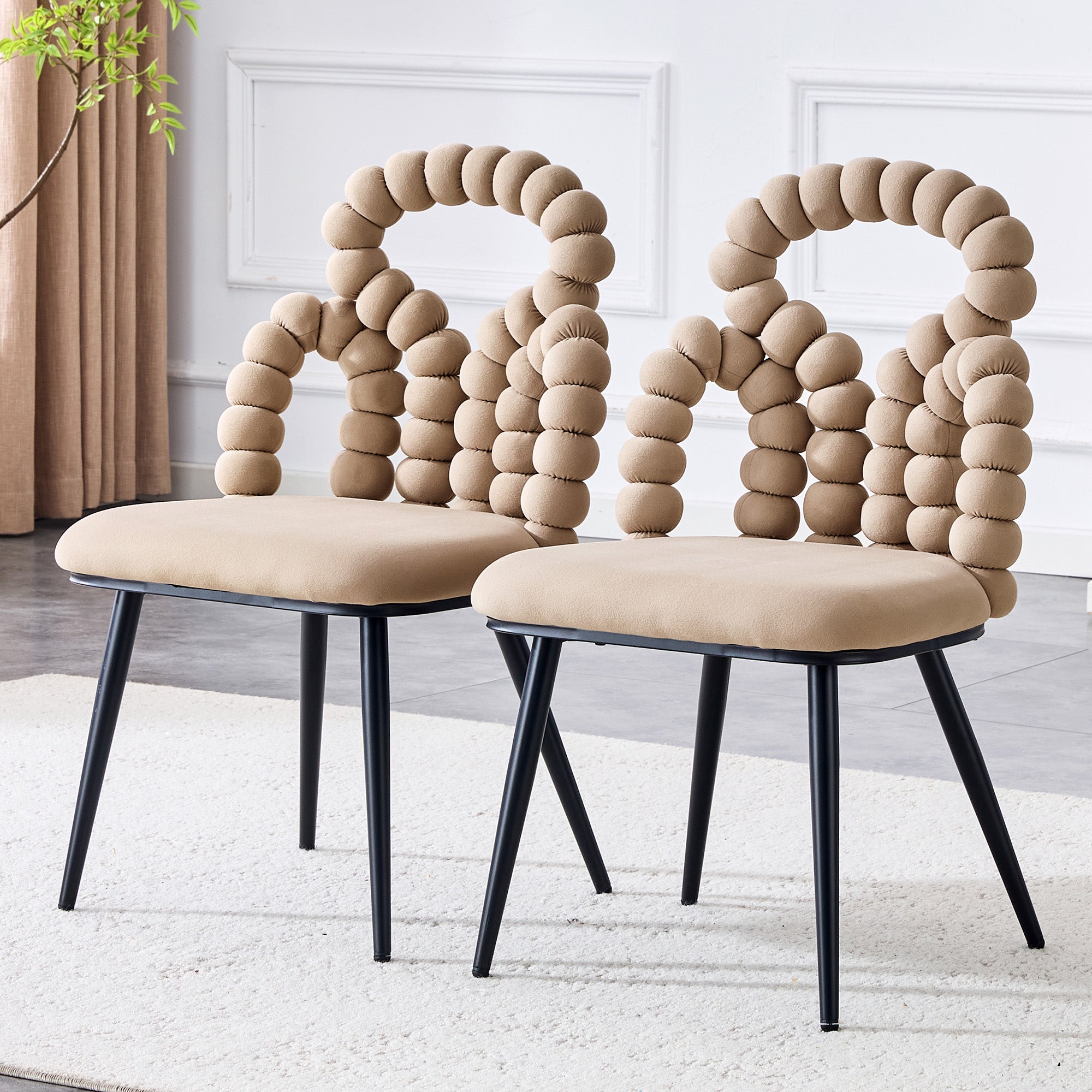 Velvet Dining Chairs Set of 2 Ball Chain Backrests Black Metal Camel