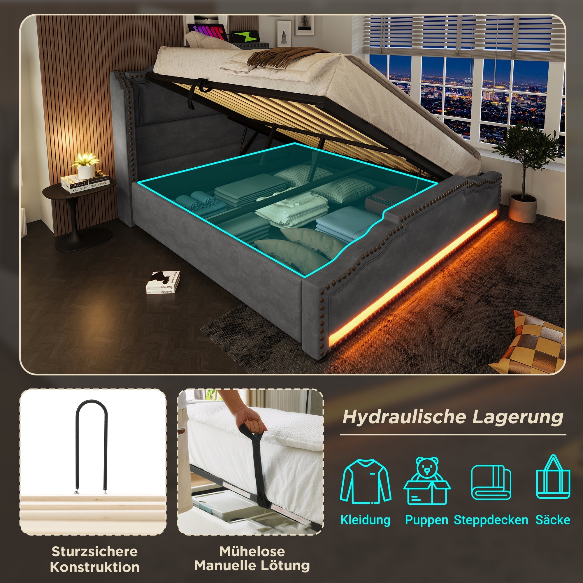 Upholstered Bed 140x200, Hydraulic Storage, LED, USB-C, Velvet Grey