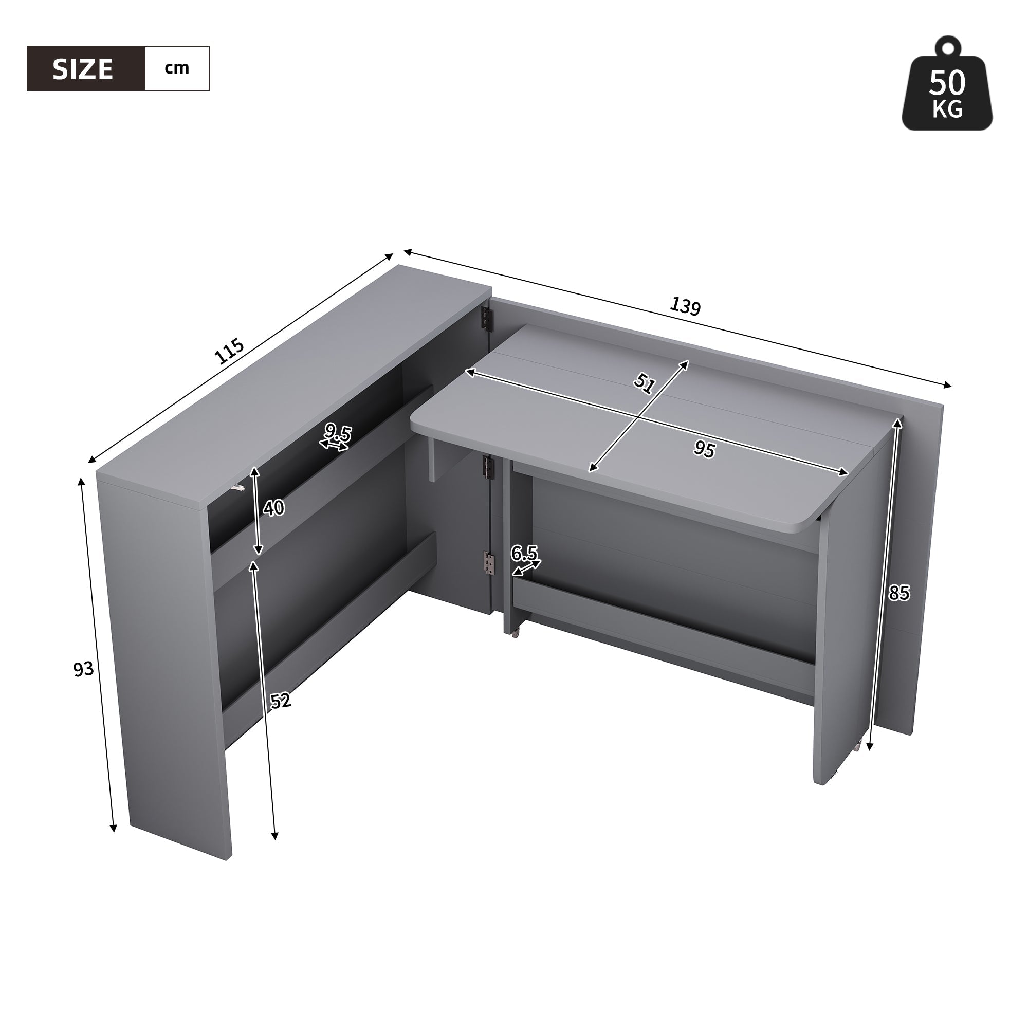 Foldable Desk, 2-in-1 Sideboard & Workstation with Wireless Charger, Wheels & Anti-Tip