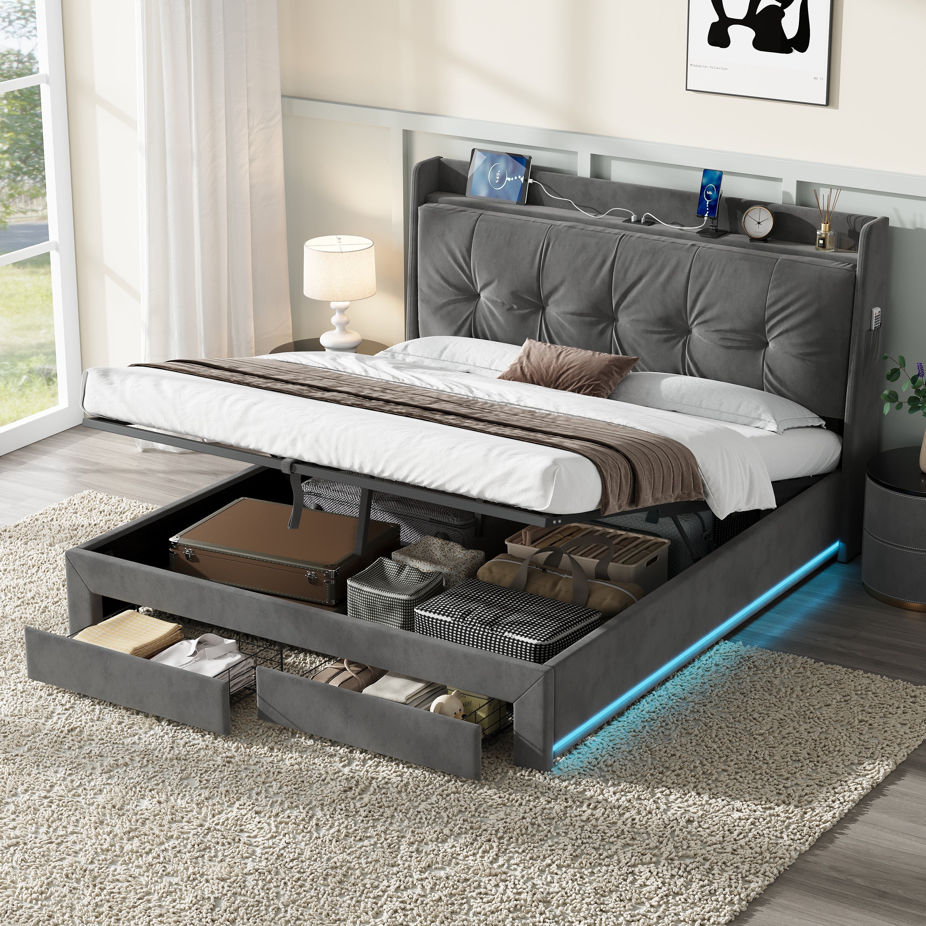 5ft King Upholstered Bed Frame with Hydraulic Storage, Charging Station, and RGB LED Lighting, Velvet Grey