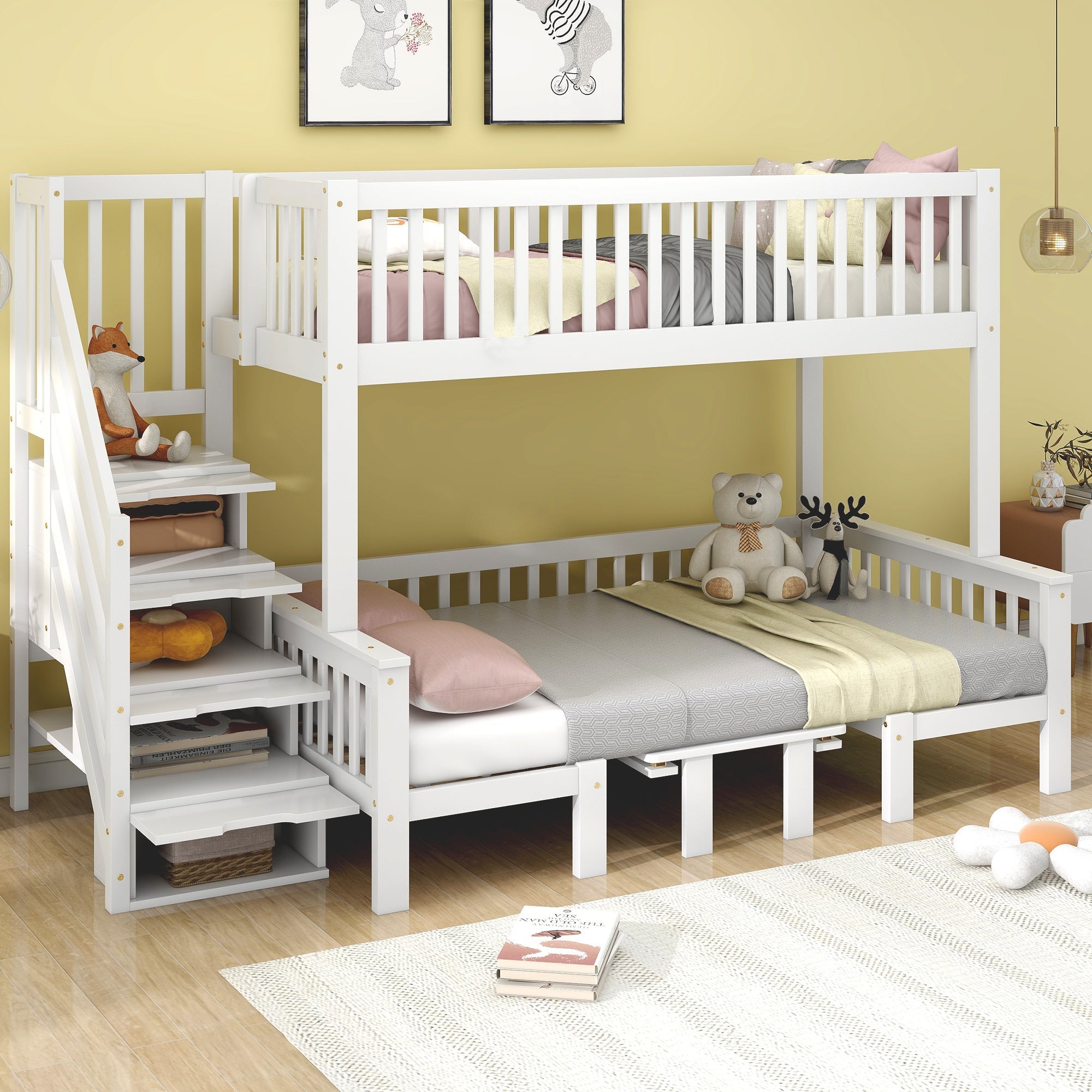 Bunk Bed, Multifunctional Height-Adjustable Table, Storage Ladder & Safety Railing, Pine + MDF + Plywood, White