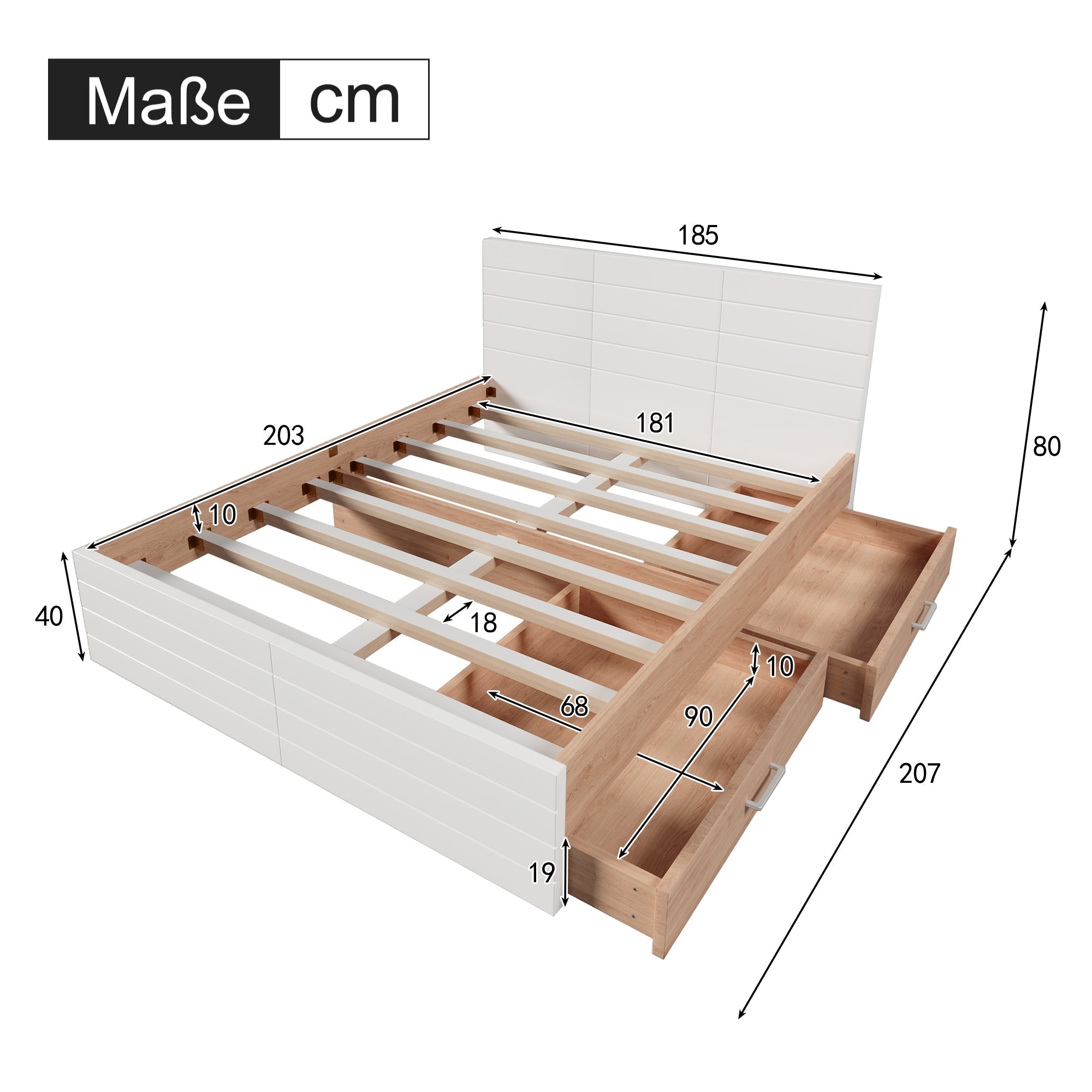 Double Wooden Bed, 180x200cm with 2 Drawers & Slatted Frame, Oak/White