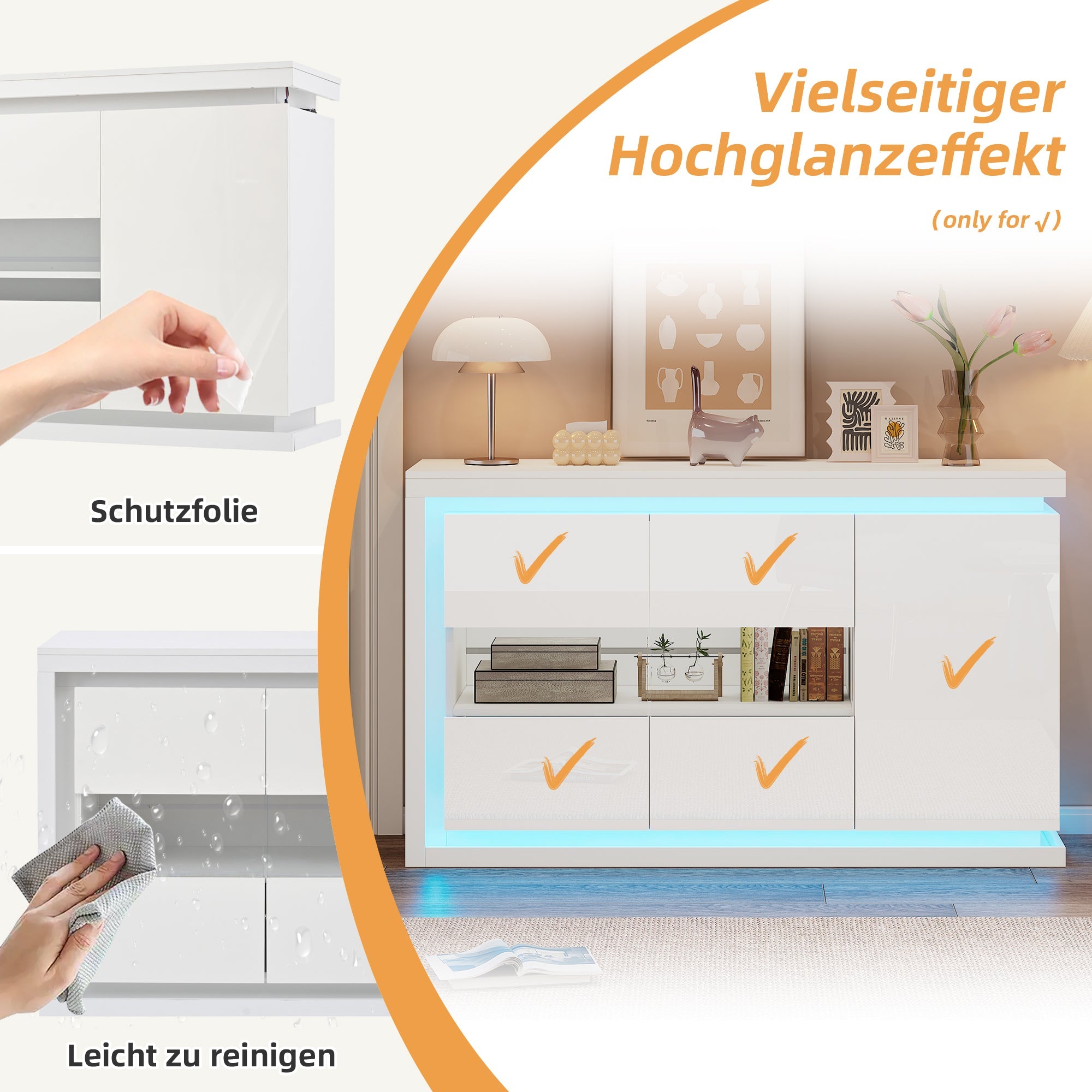 Living Room Cabinet, 140cm, 4 Compartments, High-Gloss, LED, Tempered Glass Doors