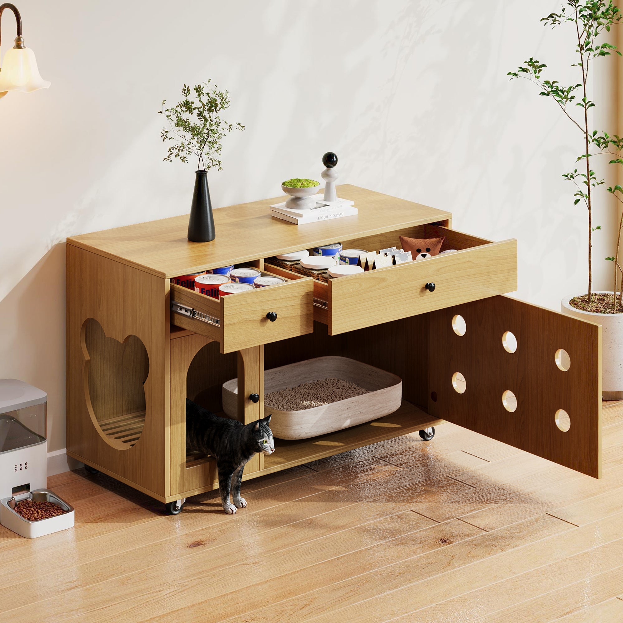 Cat Litter Box Cabinet, Removable Sand Drain, Odor-Insulated, 100x45x66 cm, Natural Wood/Yellow Maple Color
