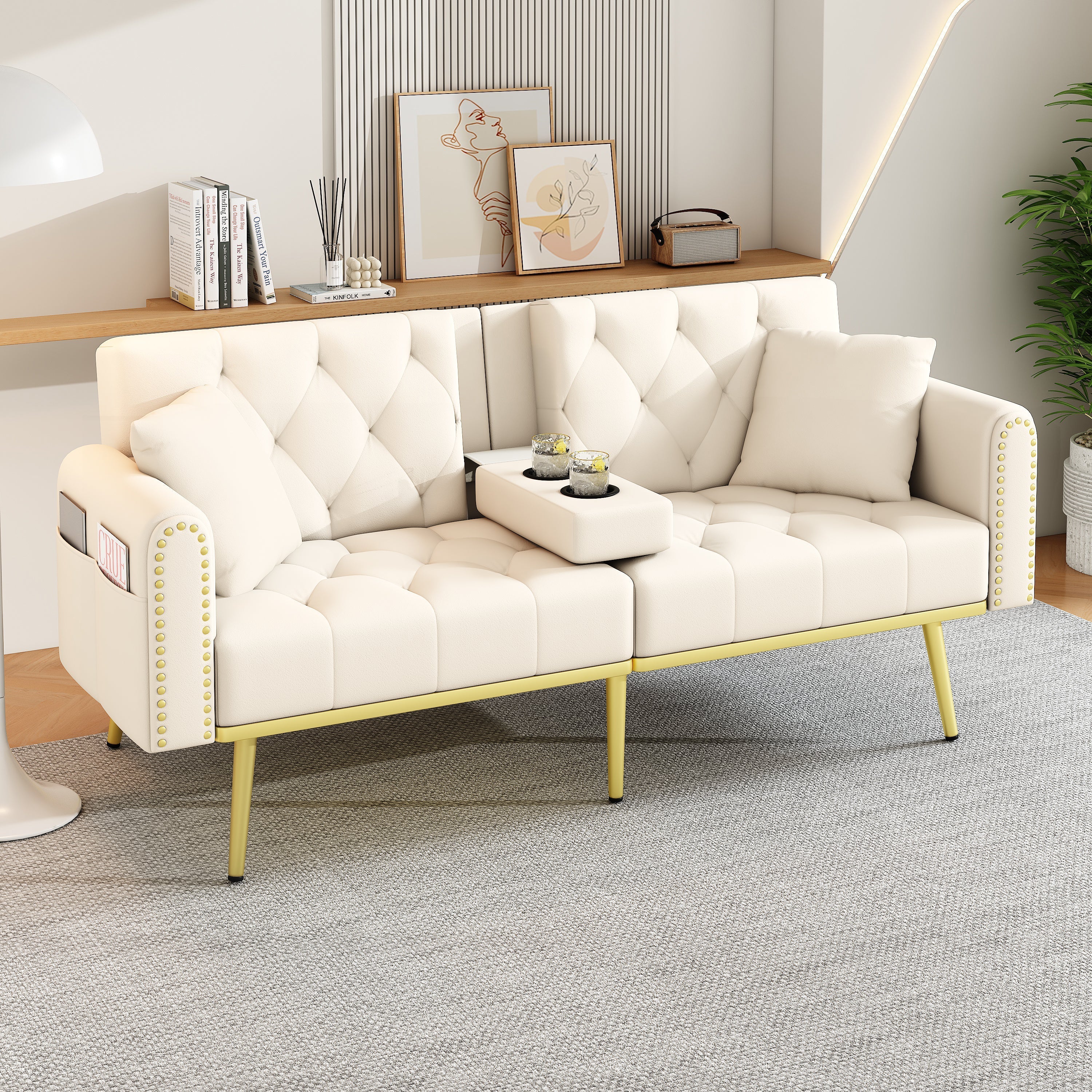 Sofa Bed Double Fold-Out Reclining Cup Holders - Fabric Beige