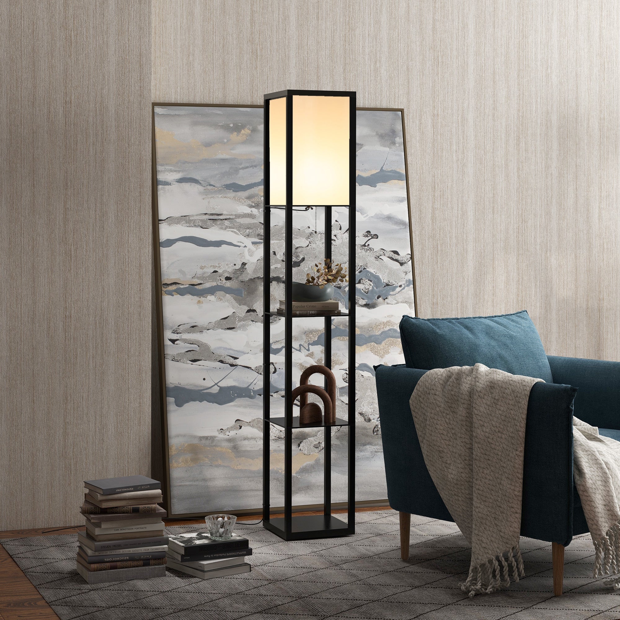 Floor Lamp with Shelves, E27 40W, Wood in Black