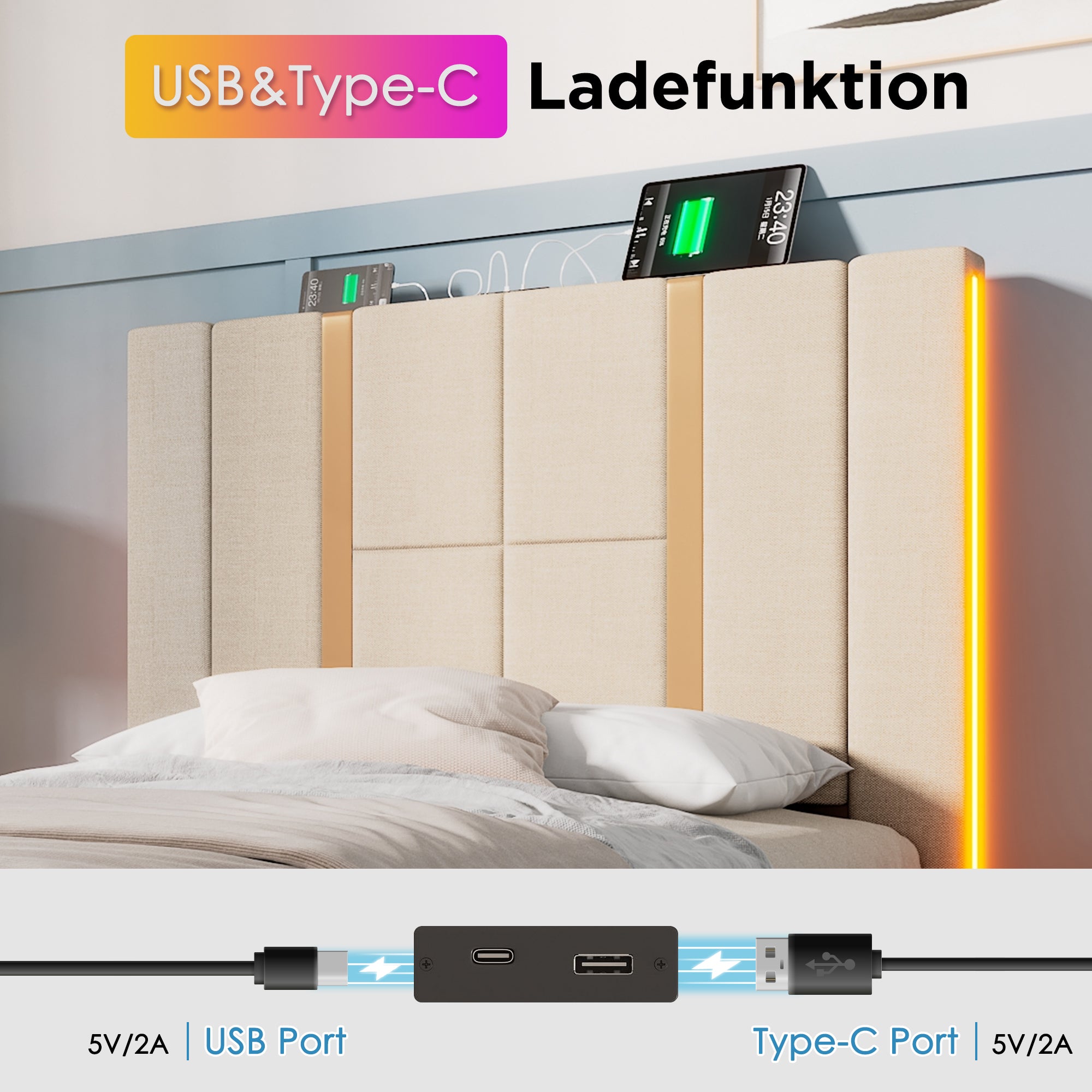 Upholstered Bed, USB C, LED, Storage, 90x200, Wood Slats, Beige Linen