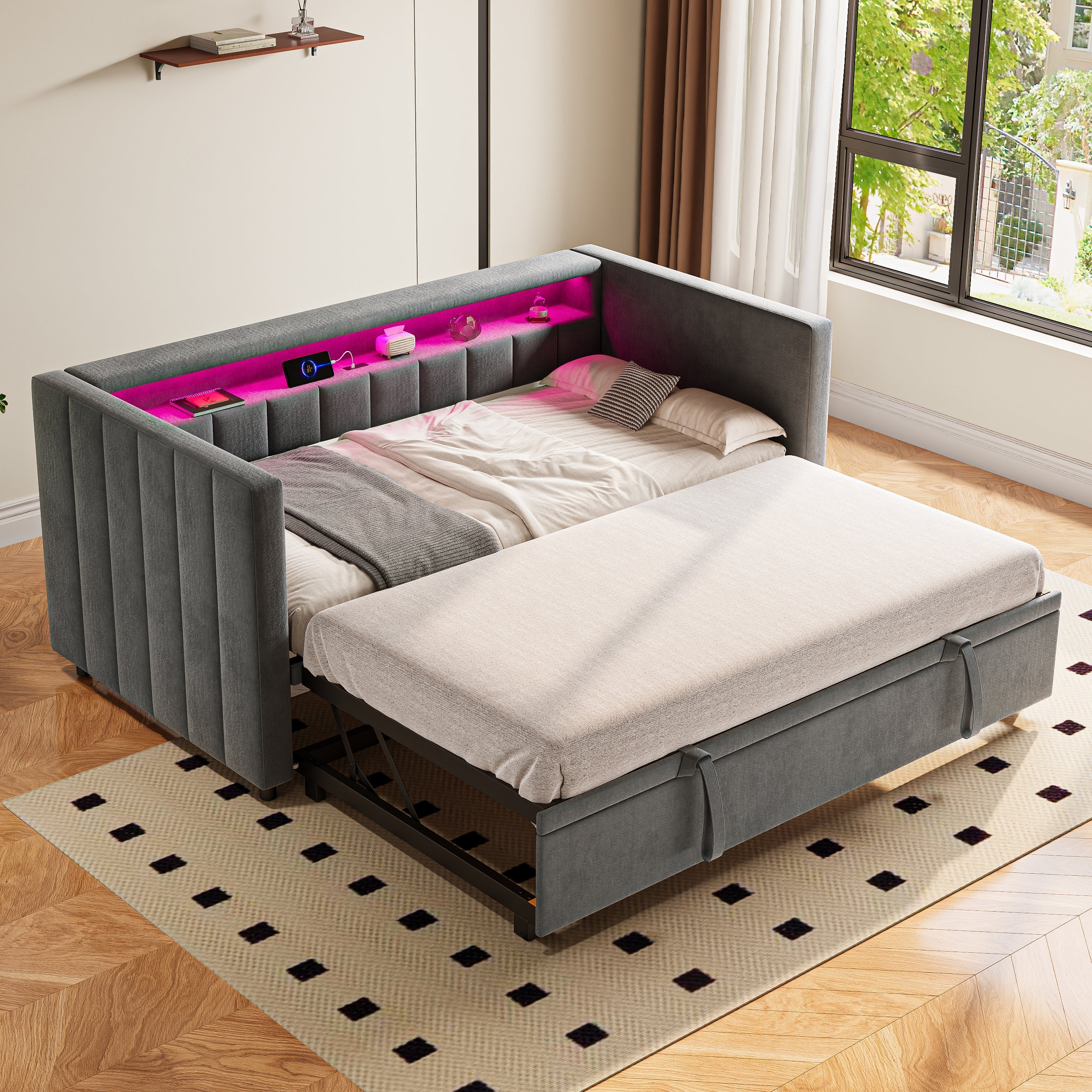Multifunctional Sleeper Sofa with Pull-Out Bed, USB, LED, and Storage, Gray Velvet