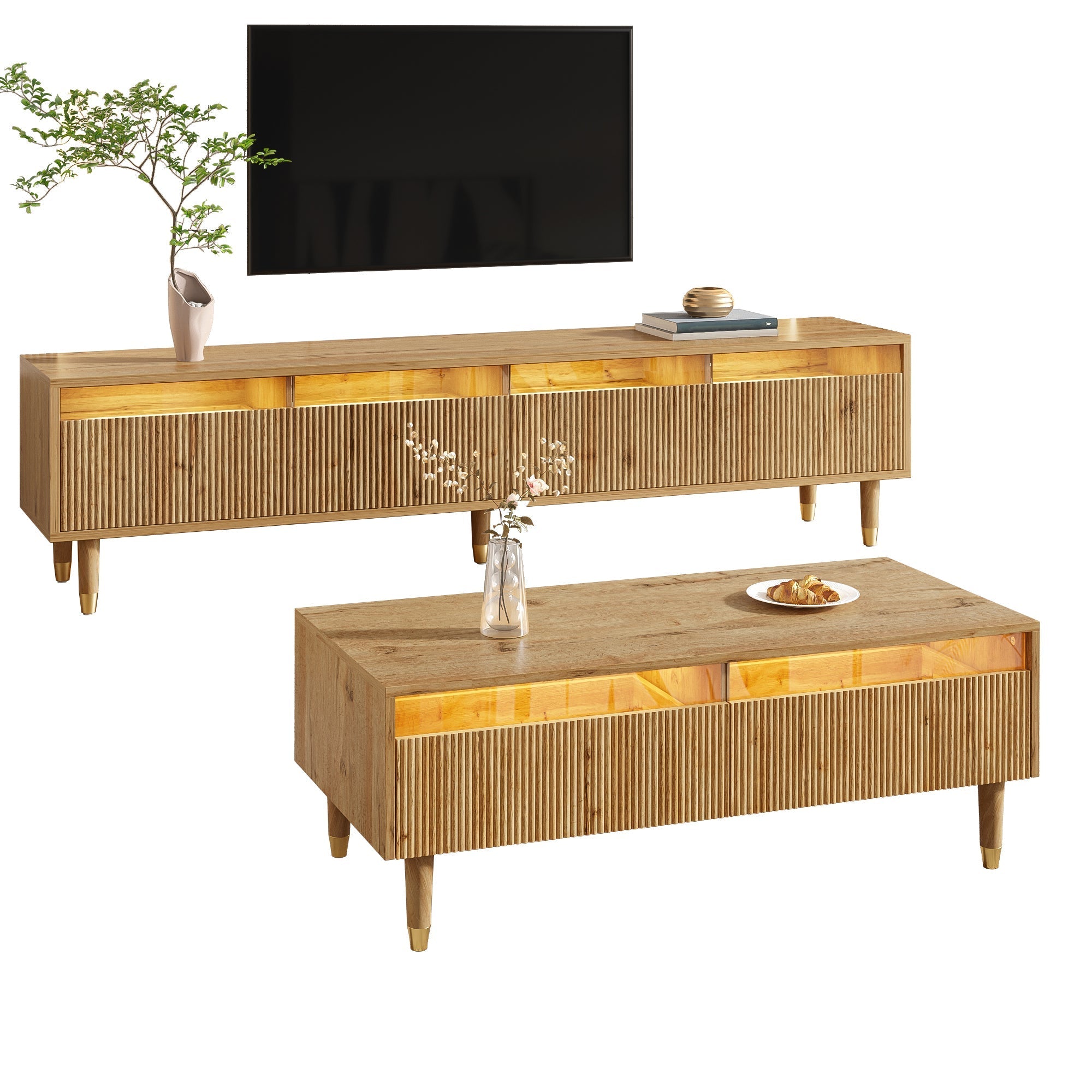 Modern LED Furniture Set: TV Cabinet 4 Doors Coffee Table 2 Drawers, Wood-Gold Design
