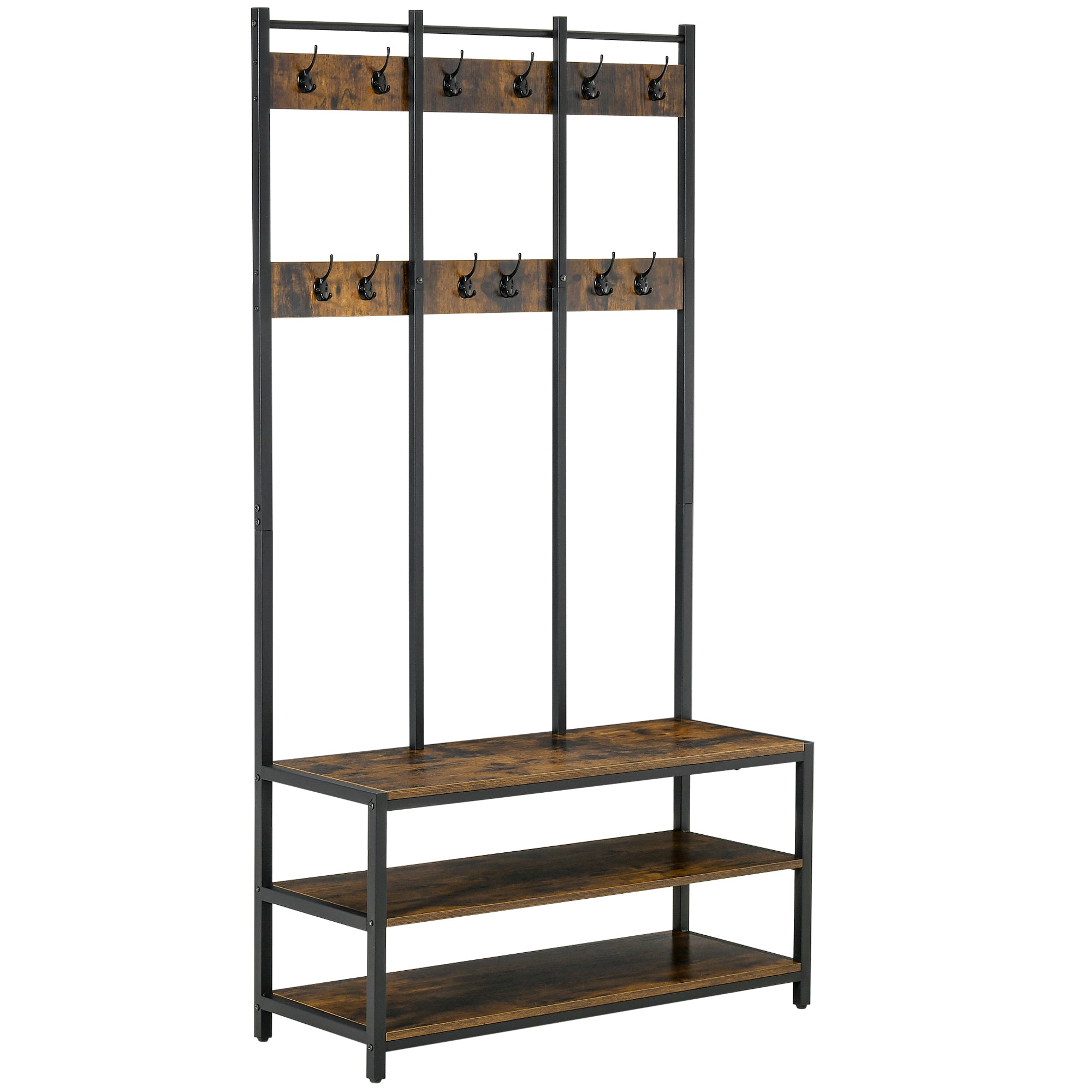 Coat Rack Stand Hall Tree with Hooks Bench Shoe Rack, Rustic Brown and Black