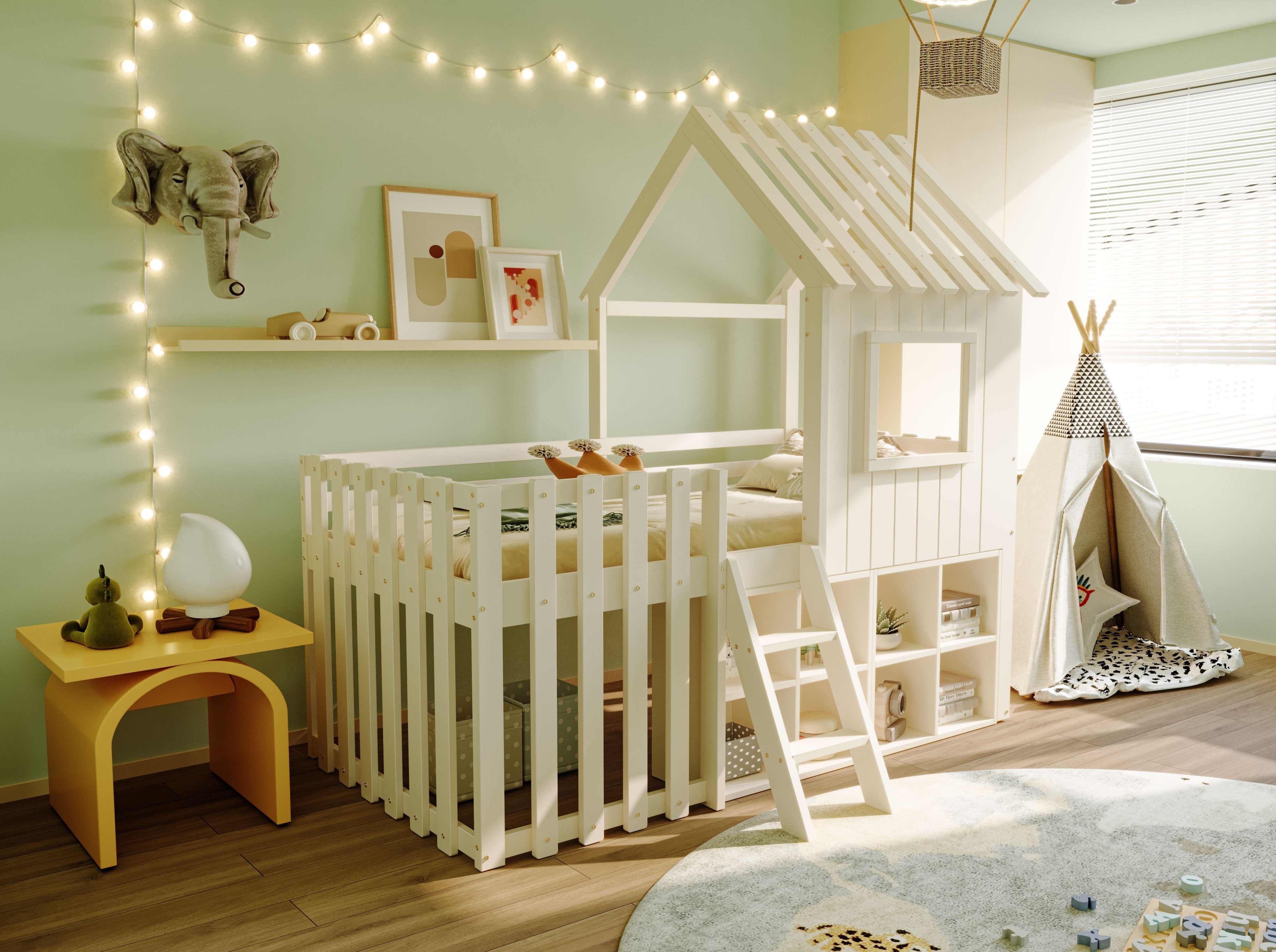 Children's House Bed 90x200, Roof & Window, Ladder, Solid Wood White