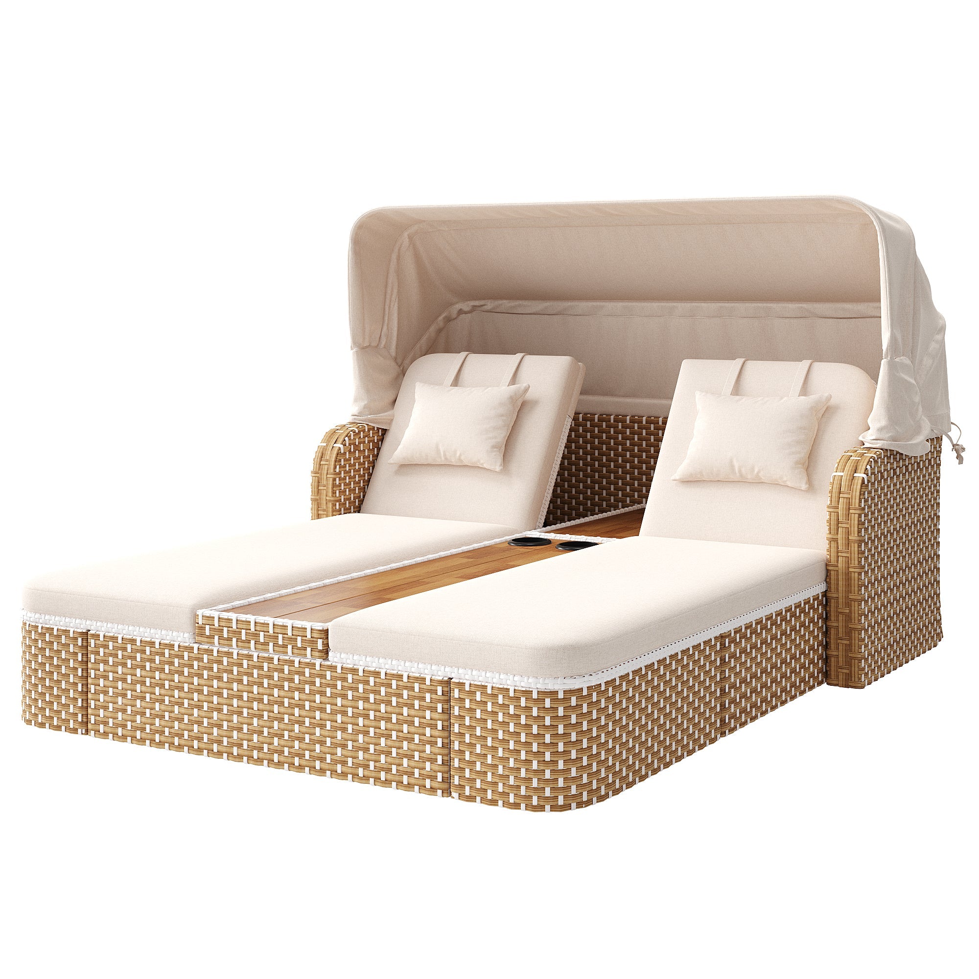 Rattan Sun Island Garden Lounger with Awning and Weatherproof Design, Beige and Grey