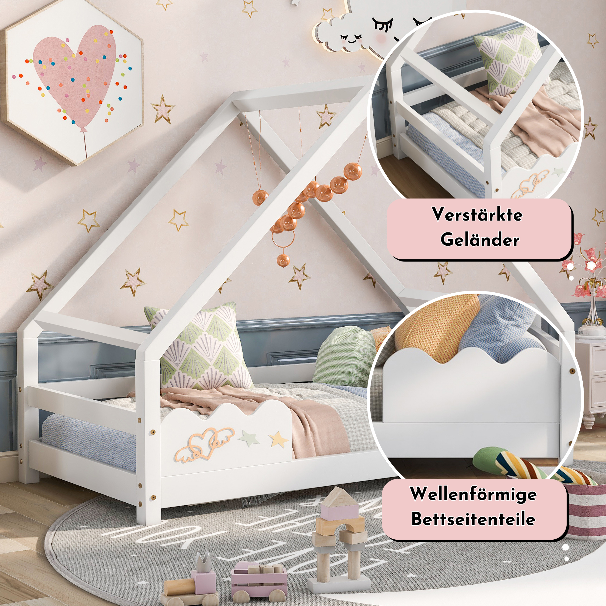 Children's House Bed 90x200cm with Fall Protection, Solid Pine Wood, White
