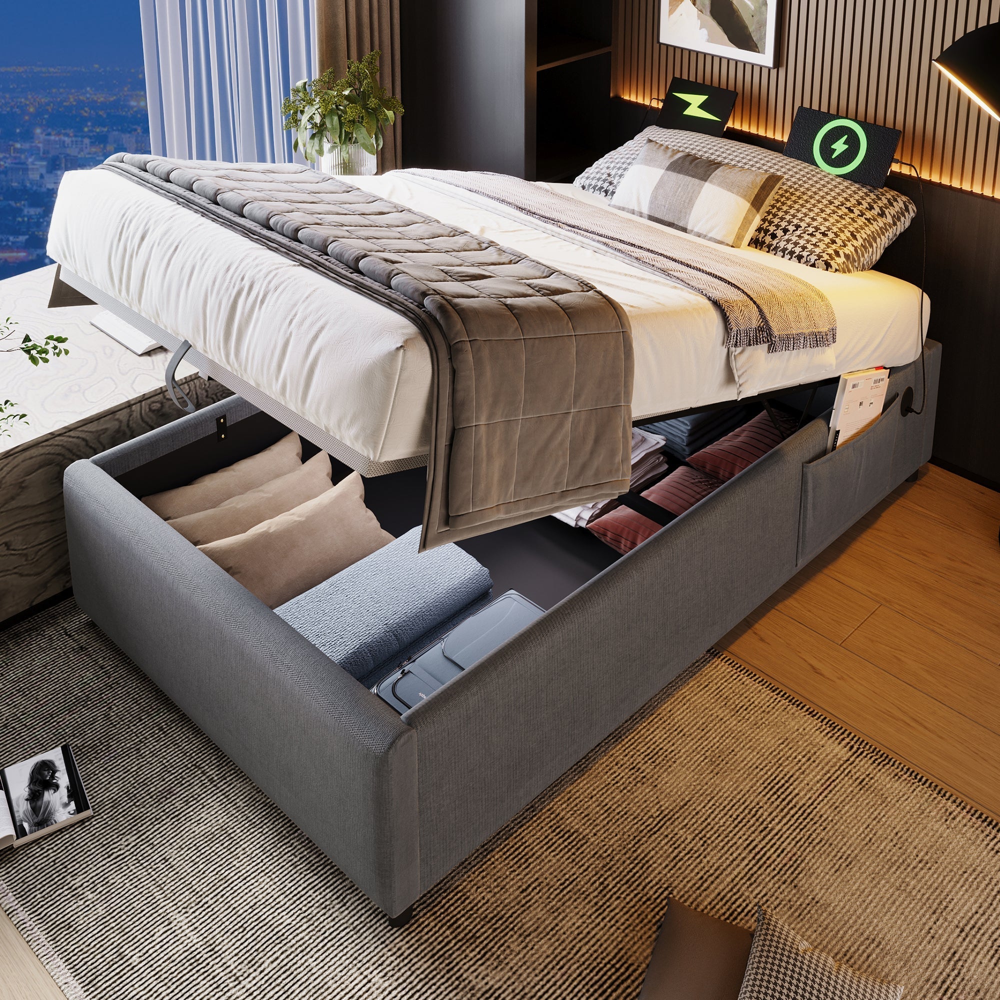 Upholstered Single Bed, 90x200cm USB-C Slatted Frame, Cotton Grey