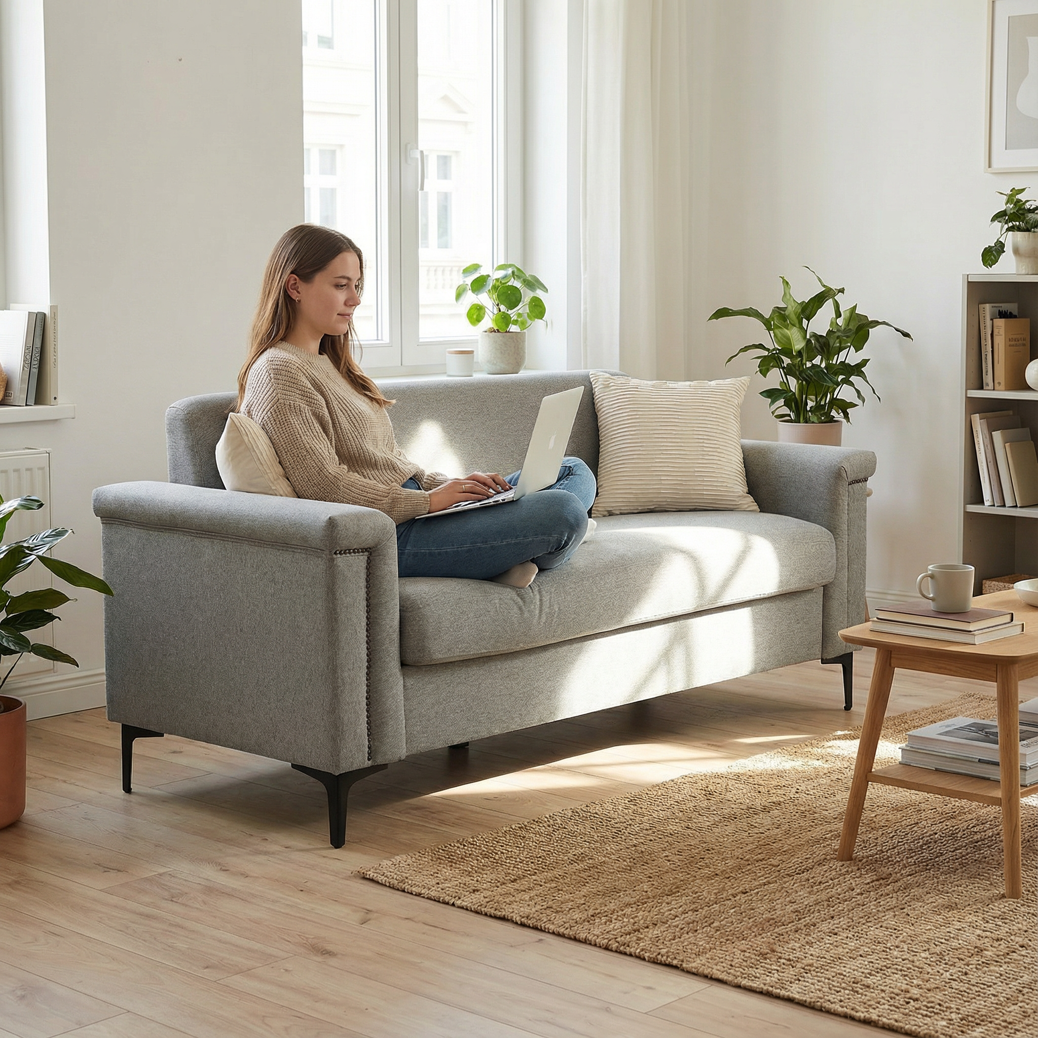 Sofa Scandinavian Elegant Solid Wood Frame - Linen Fabric