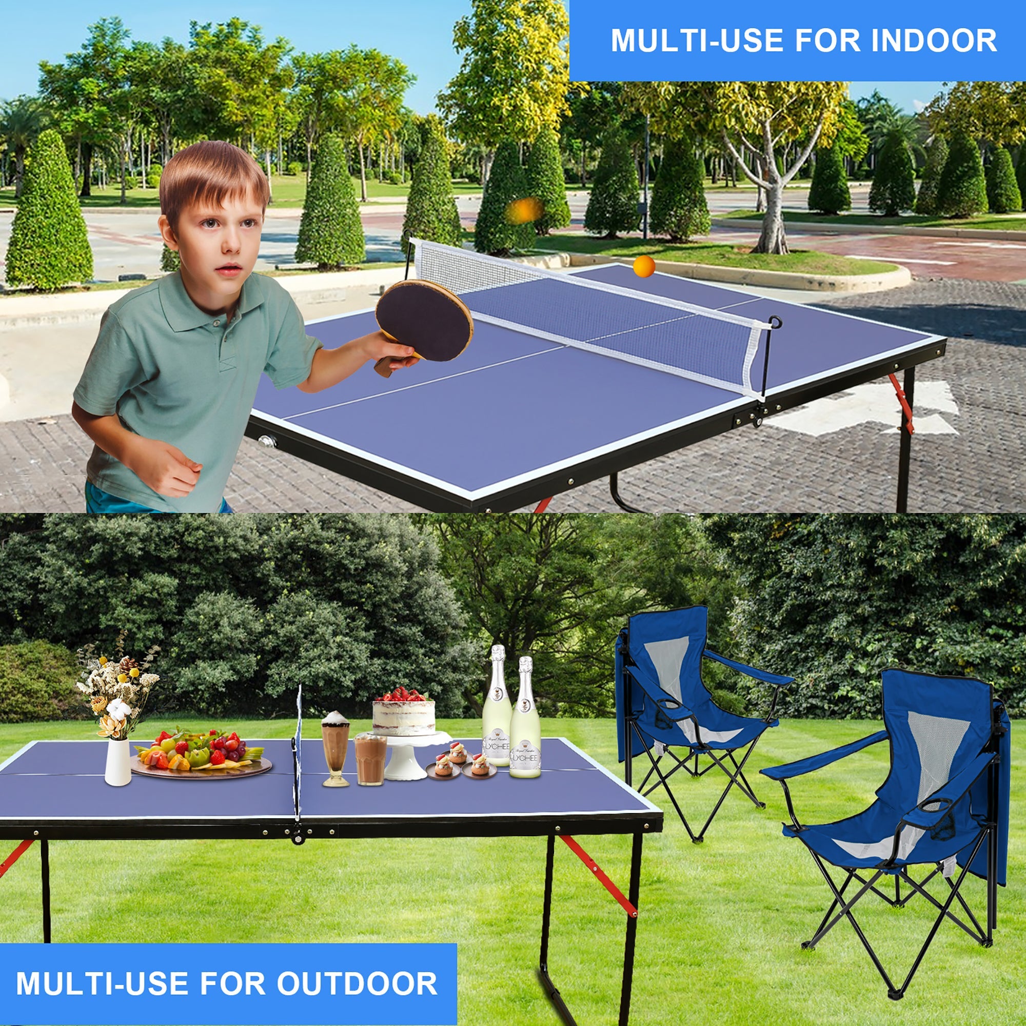 Ping Pong Table with Net & Paddles Set, Foldable Outdoor/Indoor, Blue