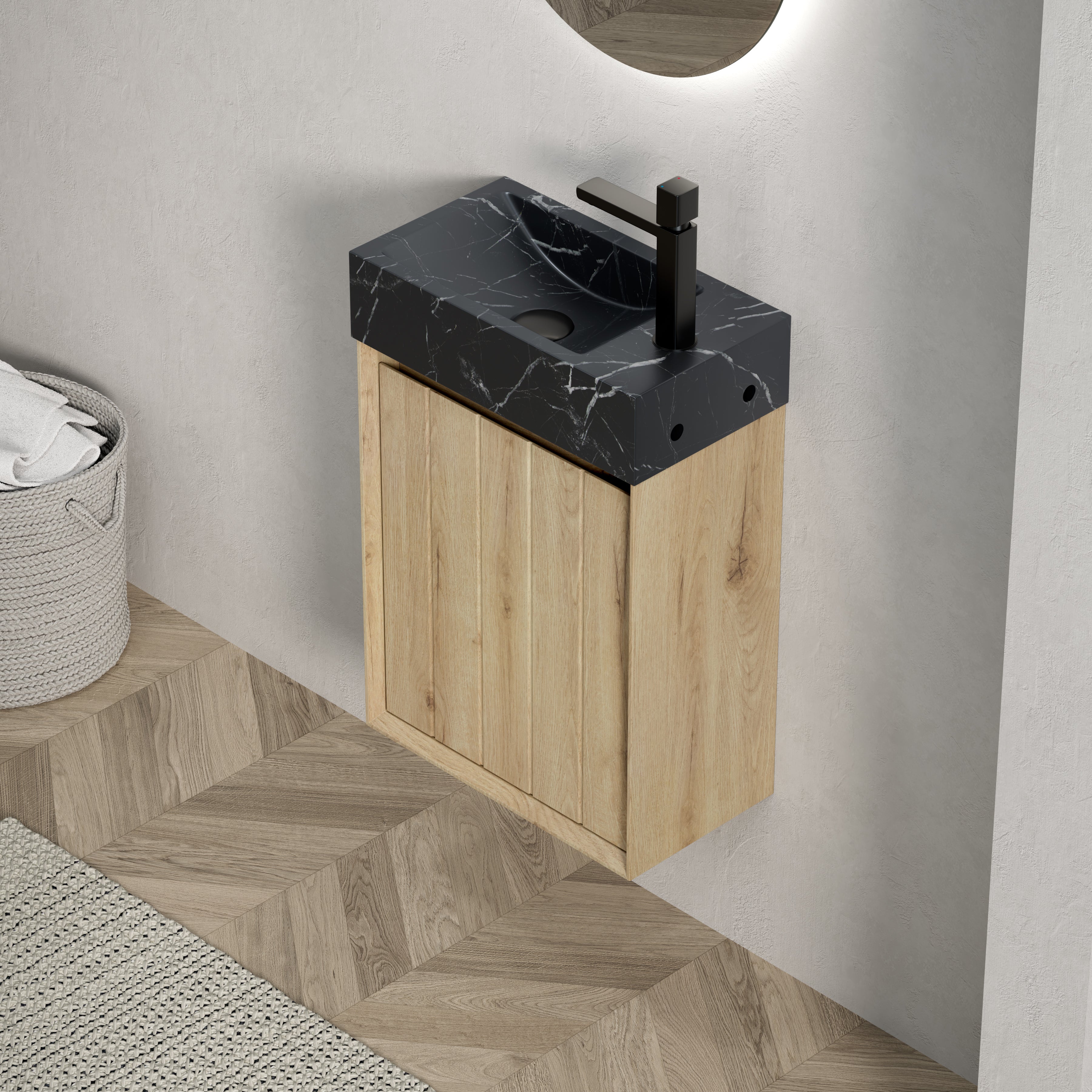 Wall-Mounted Bathroom Vanity Unit with Undermount Sink and Striped Cabinet, White Oak Wood Grain