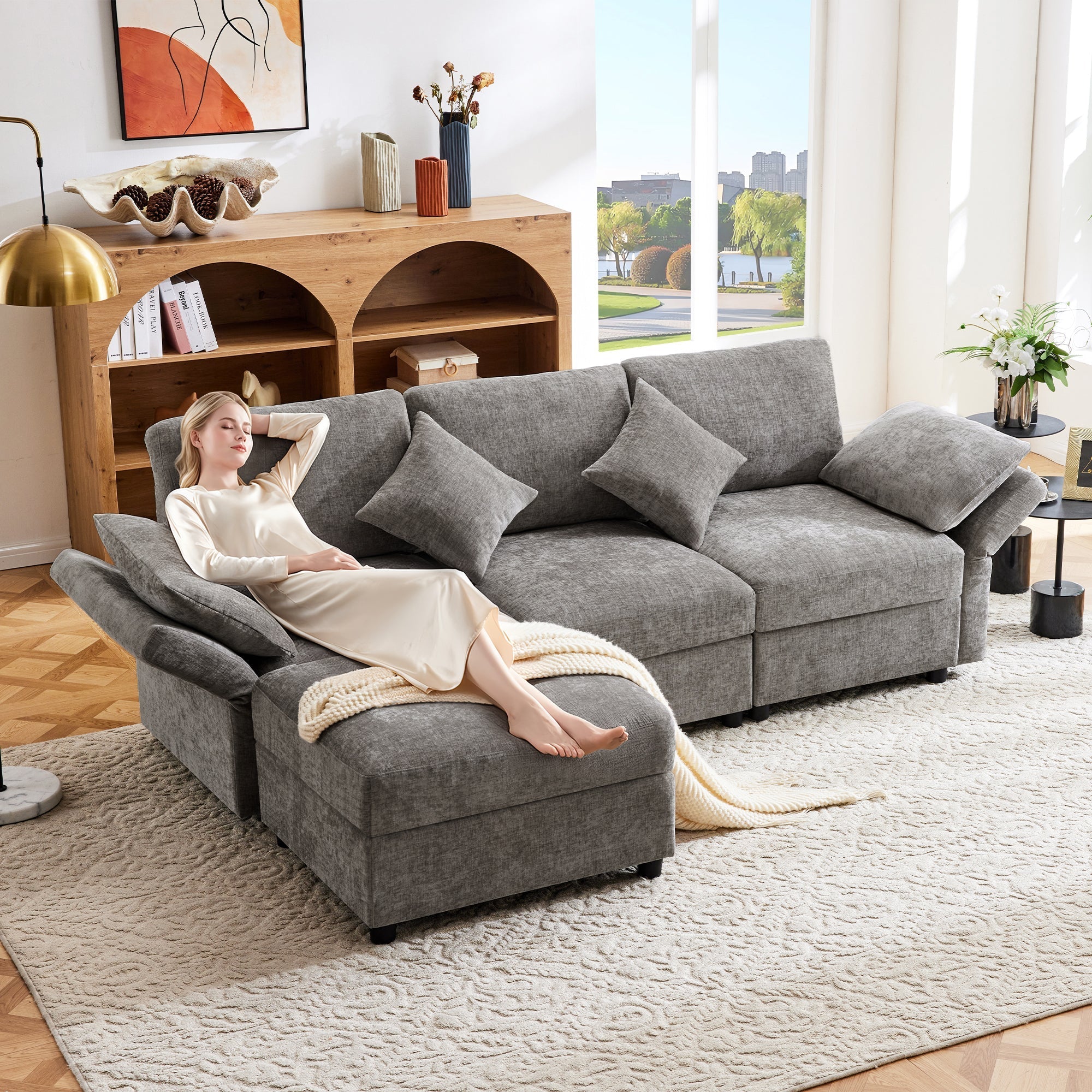 L-shaped Corner Sofa Bed 3-Seater Footstool Adjustable Armrests Chenille Gray