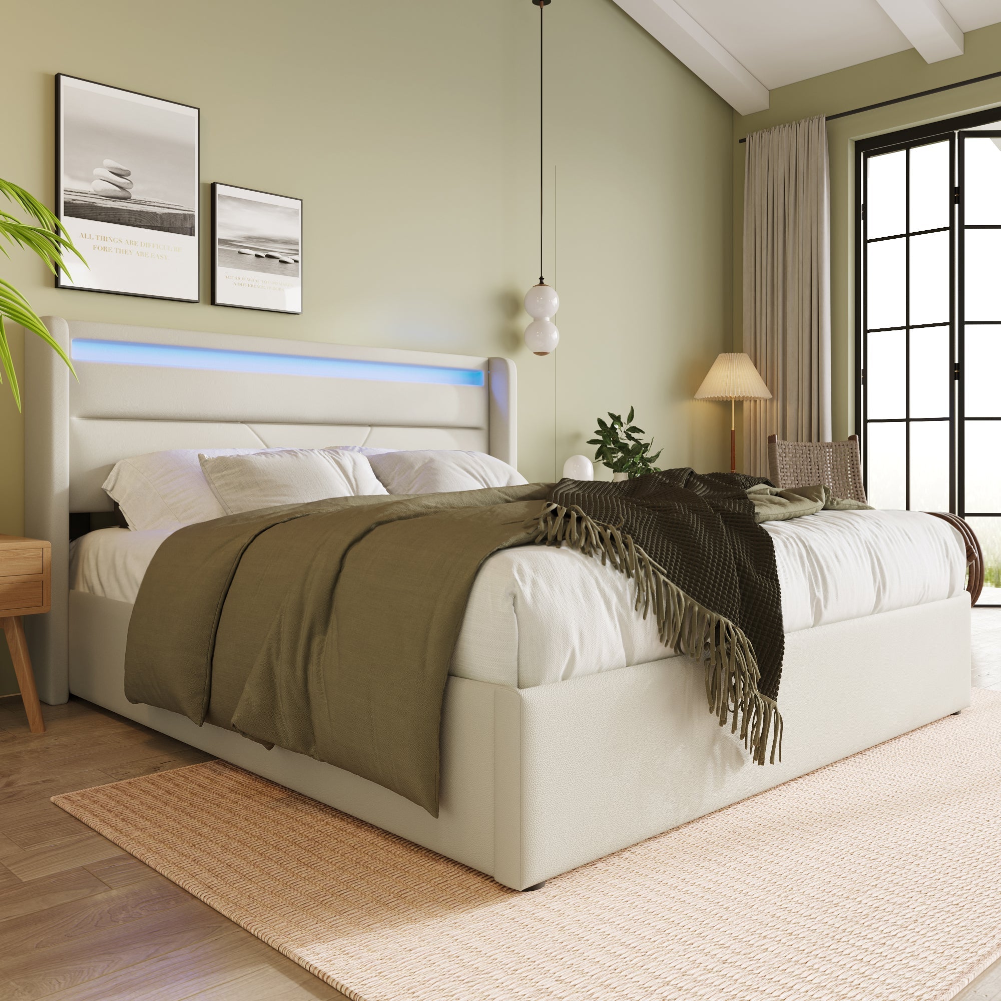 Hydraulic Storage Bed with LED Lighting and Remote Control, 160x200cm, White Upholstered