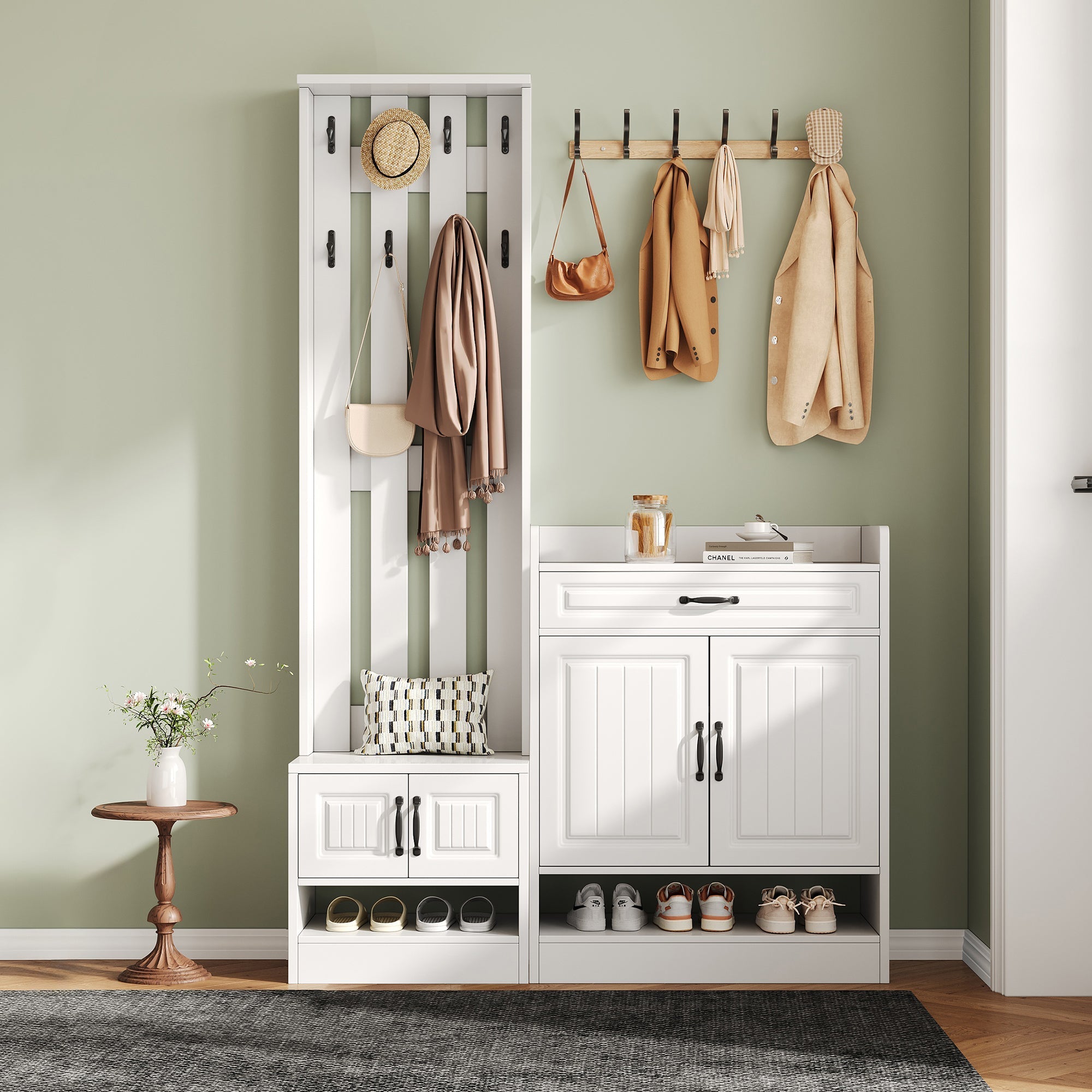Wardrobe Set with Shoe Bench & Rack, 8 Hooks, 4 Doors, 1 Drawer - White