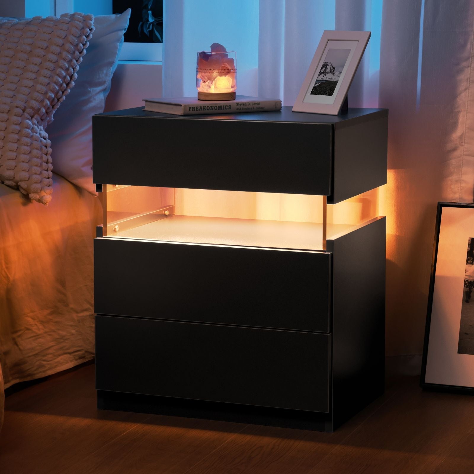LED Nightstands Acrylic Board LED Bedside Tables for Bedroom End Table with 3 Drawer Dresser for Bedroom Living Room Bedside Furniture (Black)