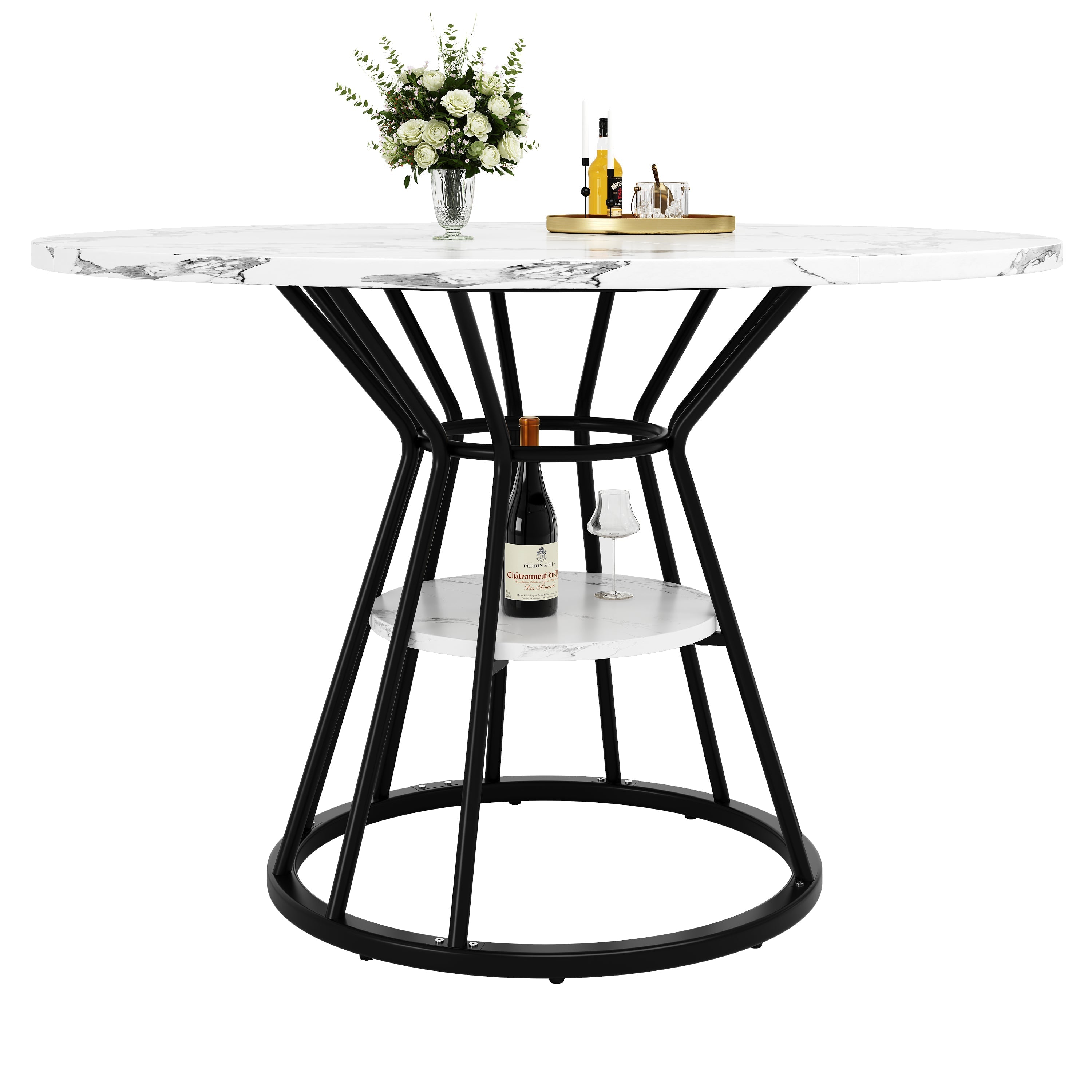 Round Dining Table with Metal Legs and Storage Shelf, Marble Pattern Gold and Black